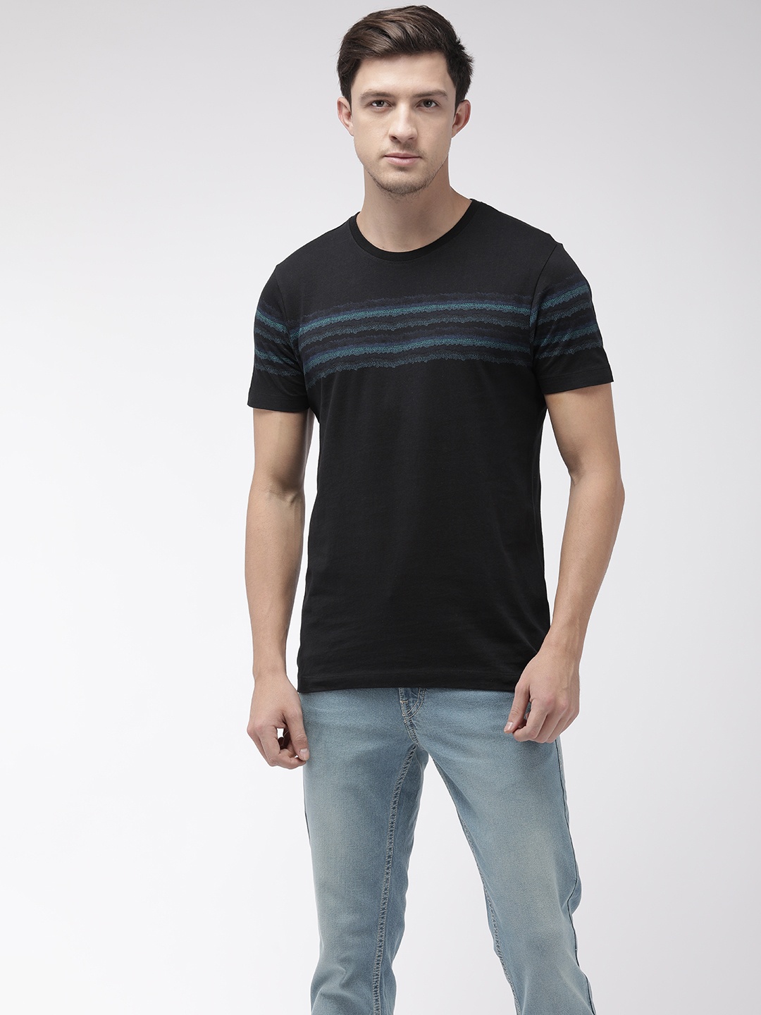 

Flying Machine Men Black & Green Striped Round Neck T-shirt