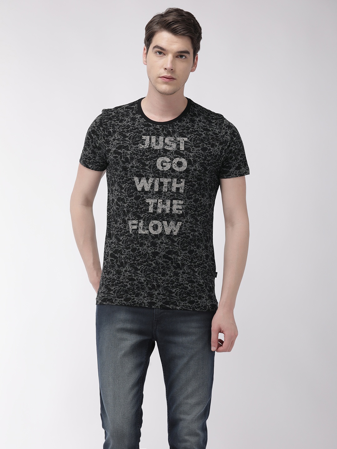 

Flying Machine Men Black Slim Fit Printed Round Neck Pure Cotton T-shirt