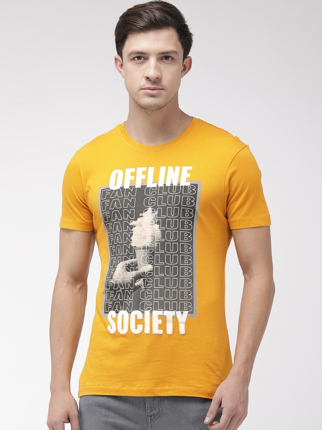 

Flying Machine Men Mustard Yellow Slim Fit Printed Round Neck Pure Cotton T-shirt