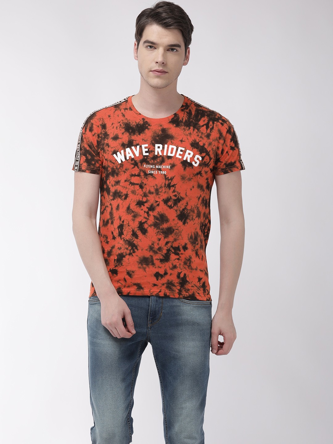 

Flying Machine Men Orange & Black Tie & Dye Round Neck T-shirt