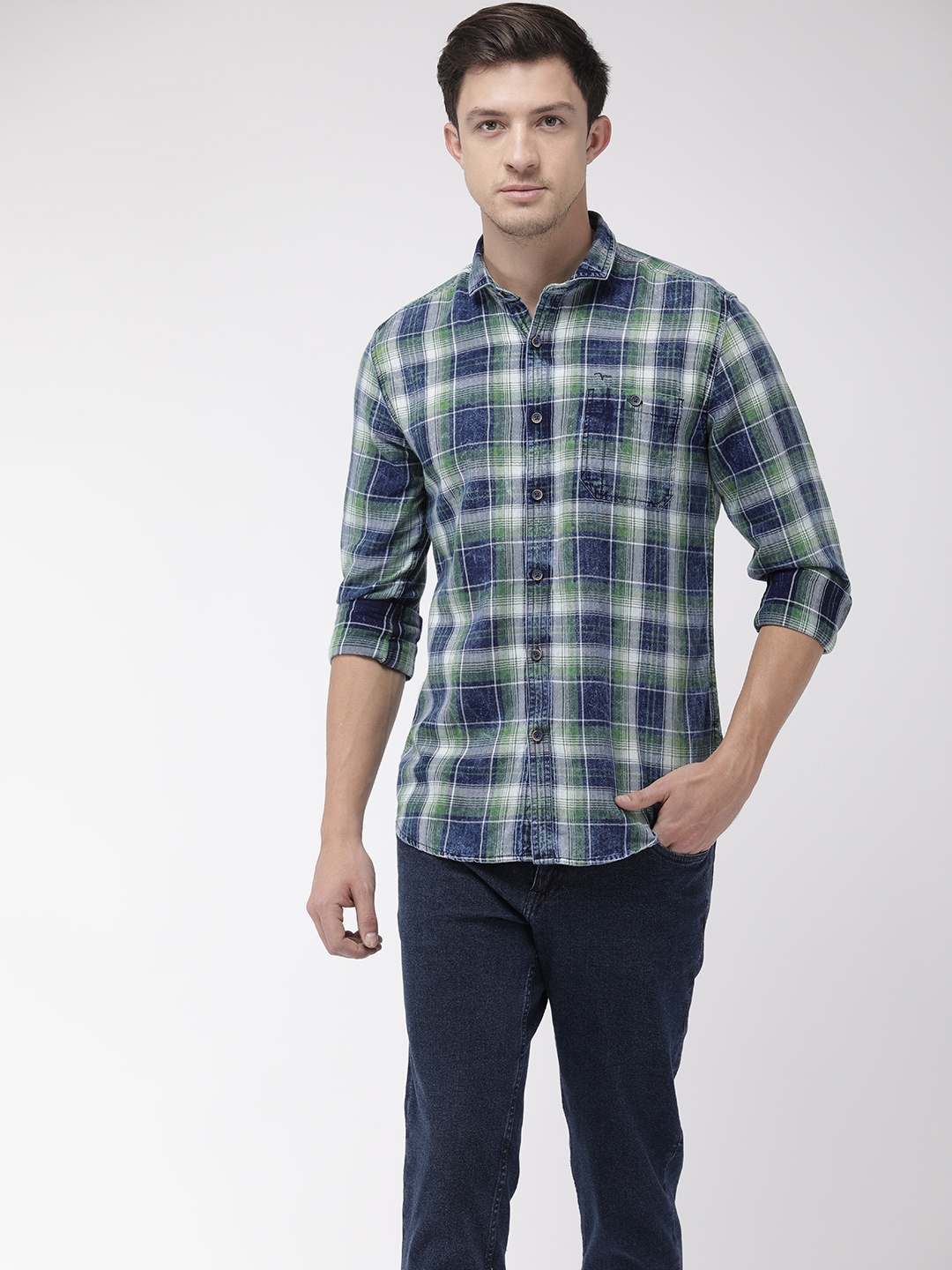

Flying Machine Men Blue & Green Slim Fit Checked Casual Shirt