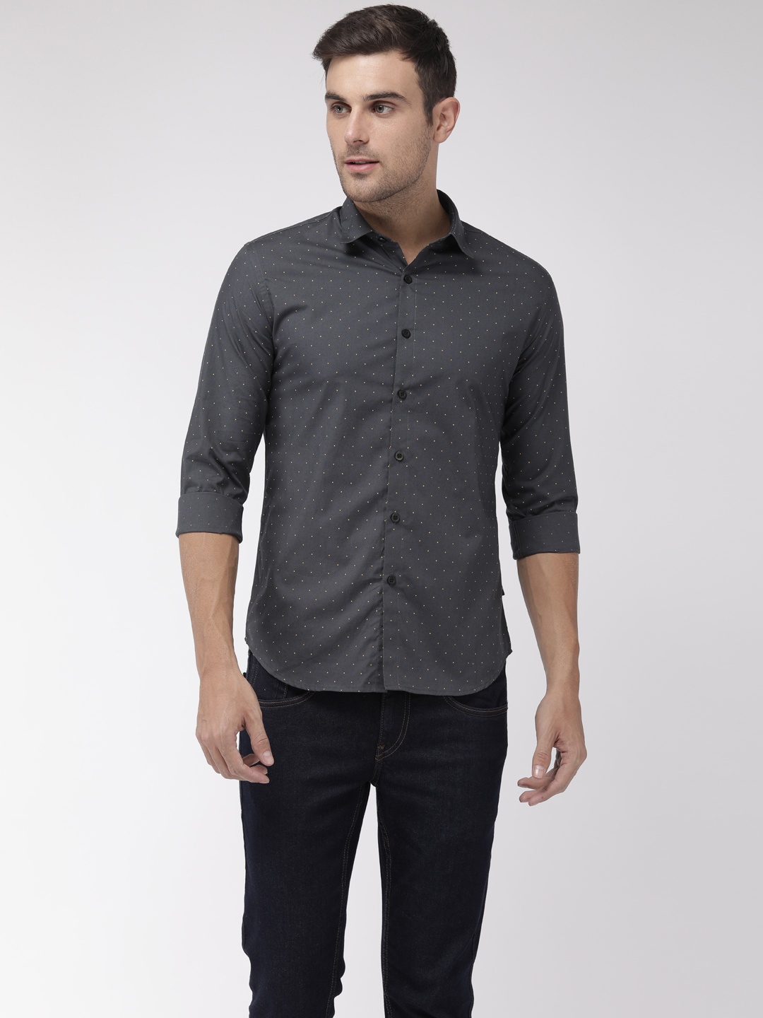 

Flying Machine Men Charcoal Grey & Yellow Slim Fit Printed Casual Shirt