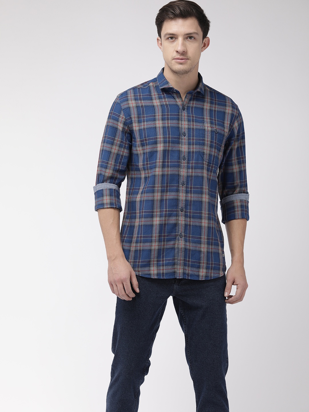 

Flying Machine Men Blue & Grey Slim Fit Checked Casual Shirt