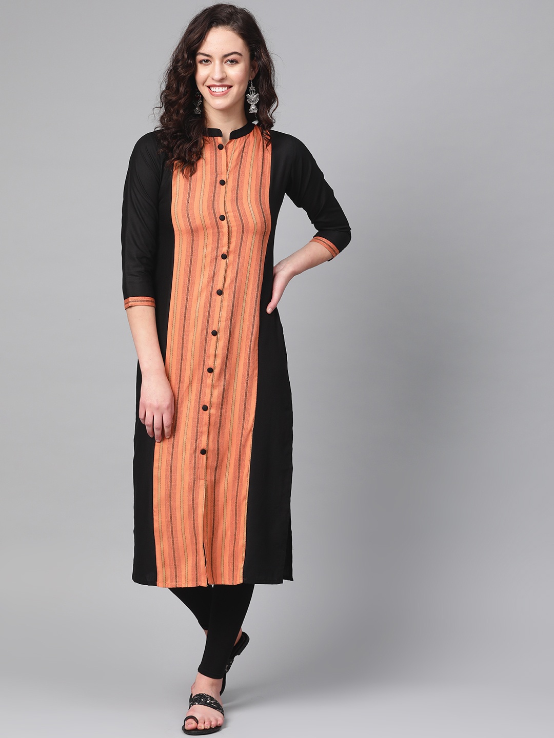 

Indo Era Women Black & Peach-Coloured Striped Straight Kurta
