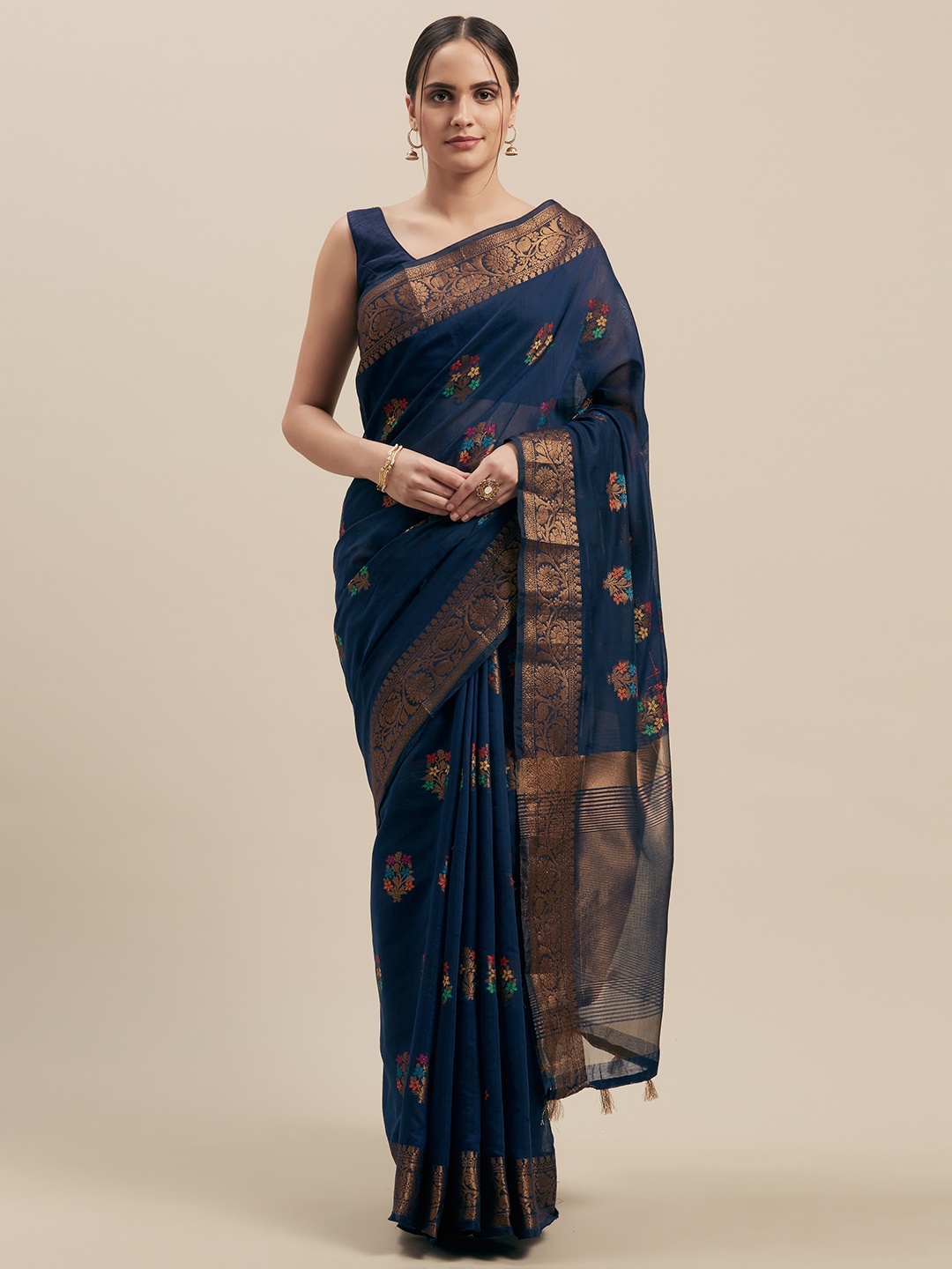 

Mitera Navy Blue Silk Cotton Woven Design Kanjeevaram Saree