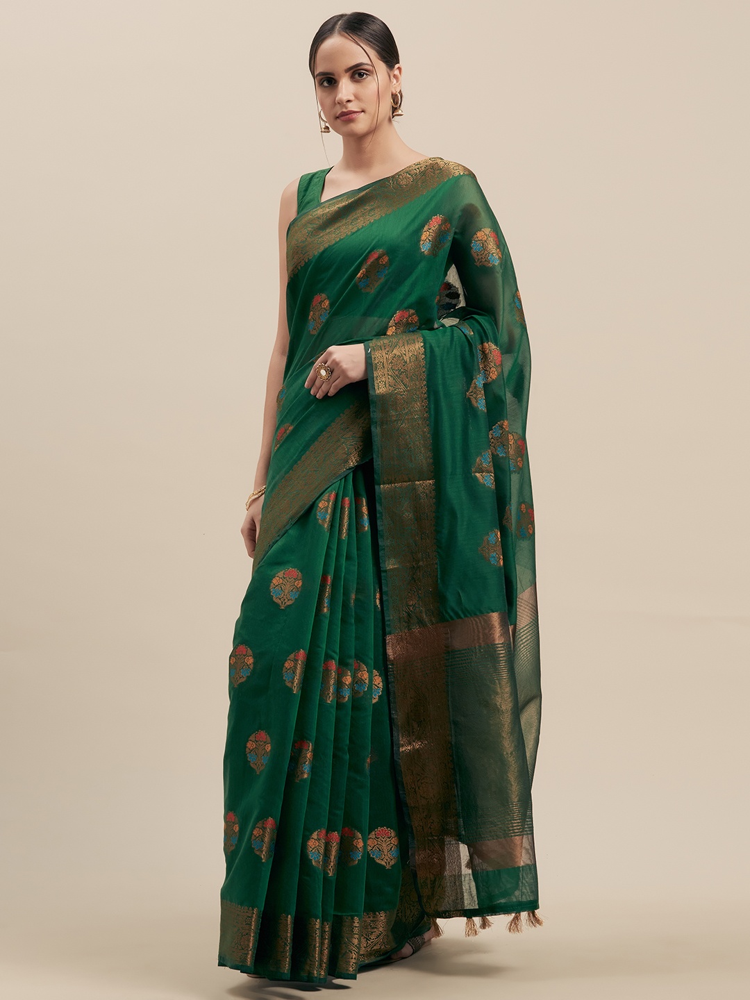 

Mitera Green Silk Cotton Woven Design Kanjeevaram Saree
