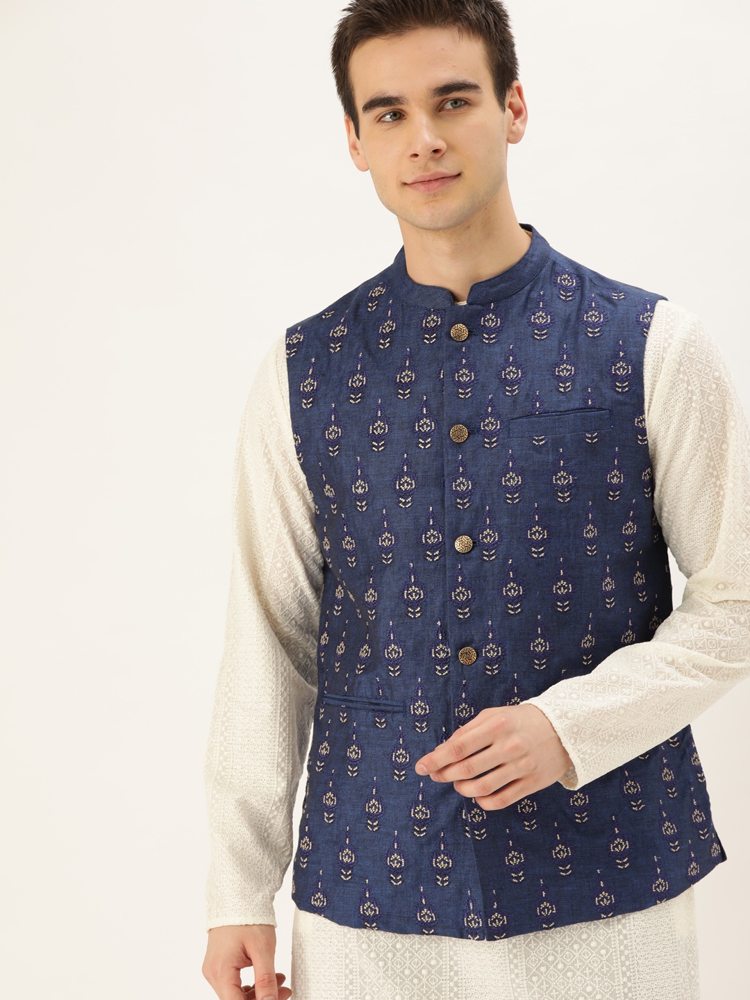 

House of Pataudi Men Blue & Beige Embroidered Cotton Nehru Jacket