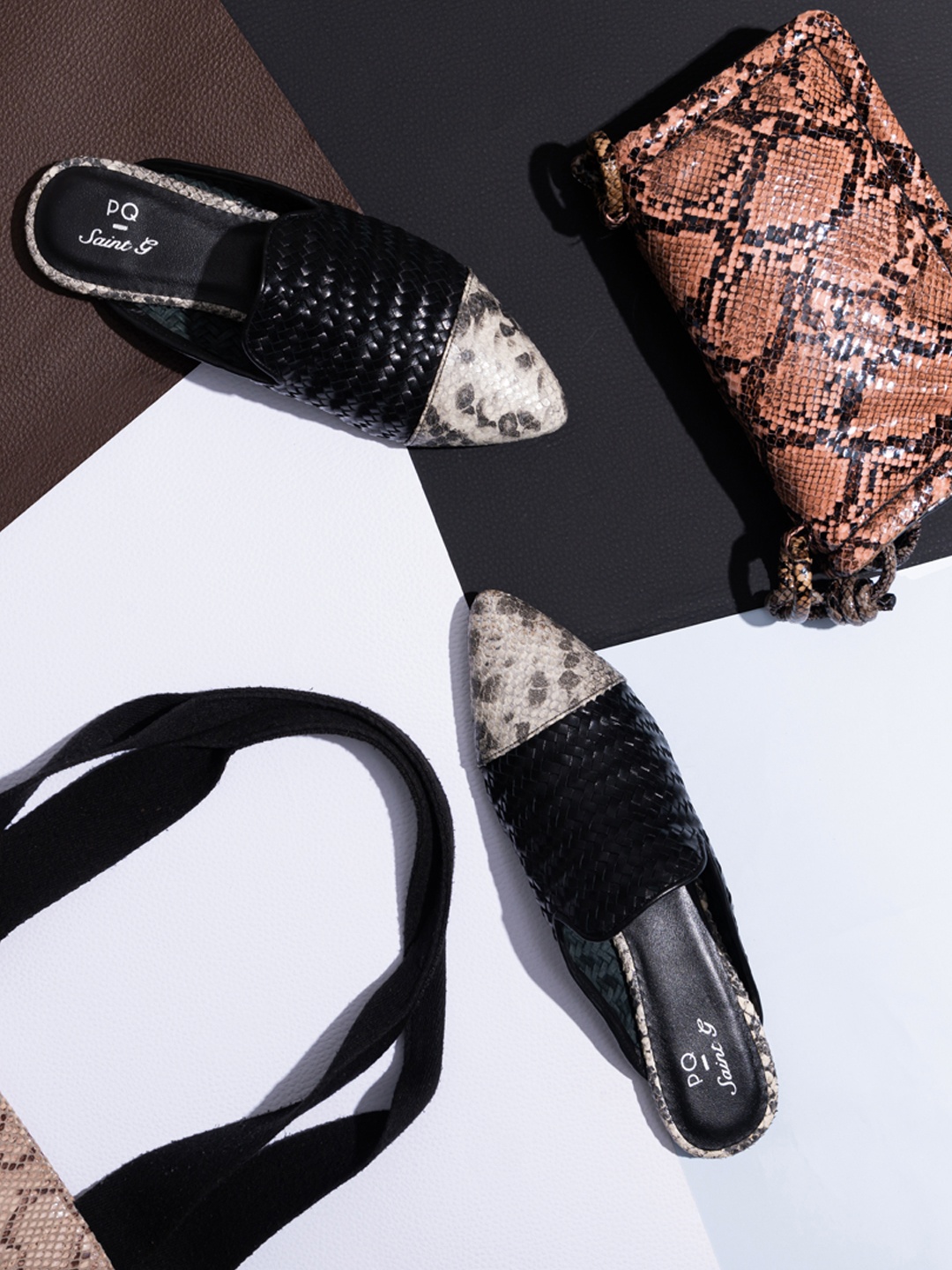 

Saint G Women Grey Python And Black Woven Leather Mules