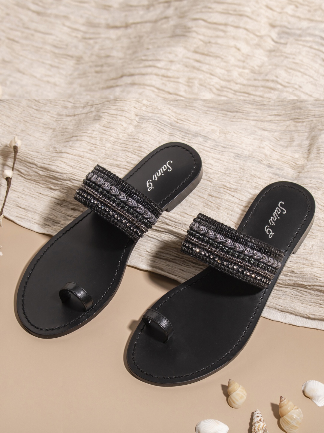 

Saint G Women Black Leather Hand Embroidered Flats