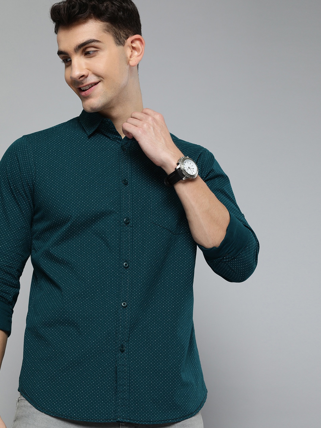 

HERE&NOW Men Teal Green & White Slim Fit Printed Casual Shirt