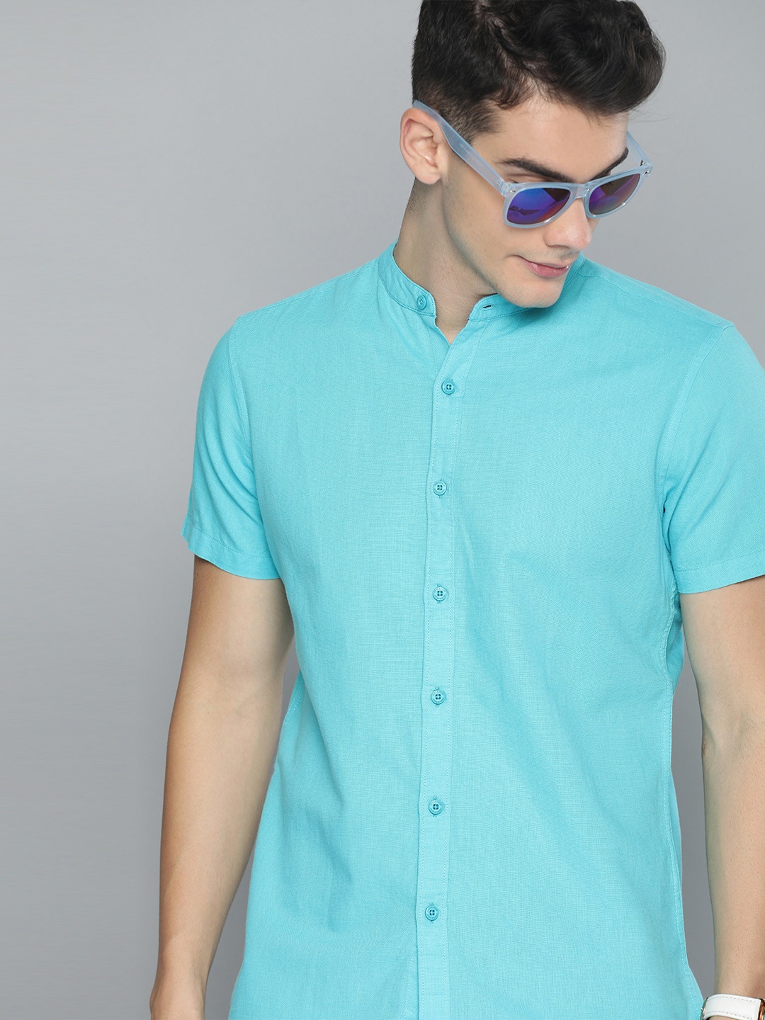 

HERE&NOW Men Turquoise Blue Slim Fit Solid Casual Shirt