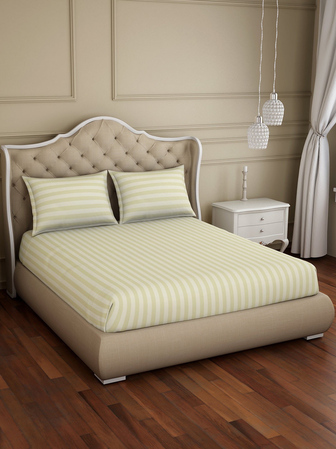 

SPACES Beige Striped 210 TC Cotton 1 King Bedsheet with 2 Pillow Covers
