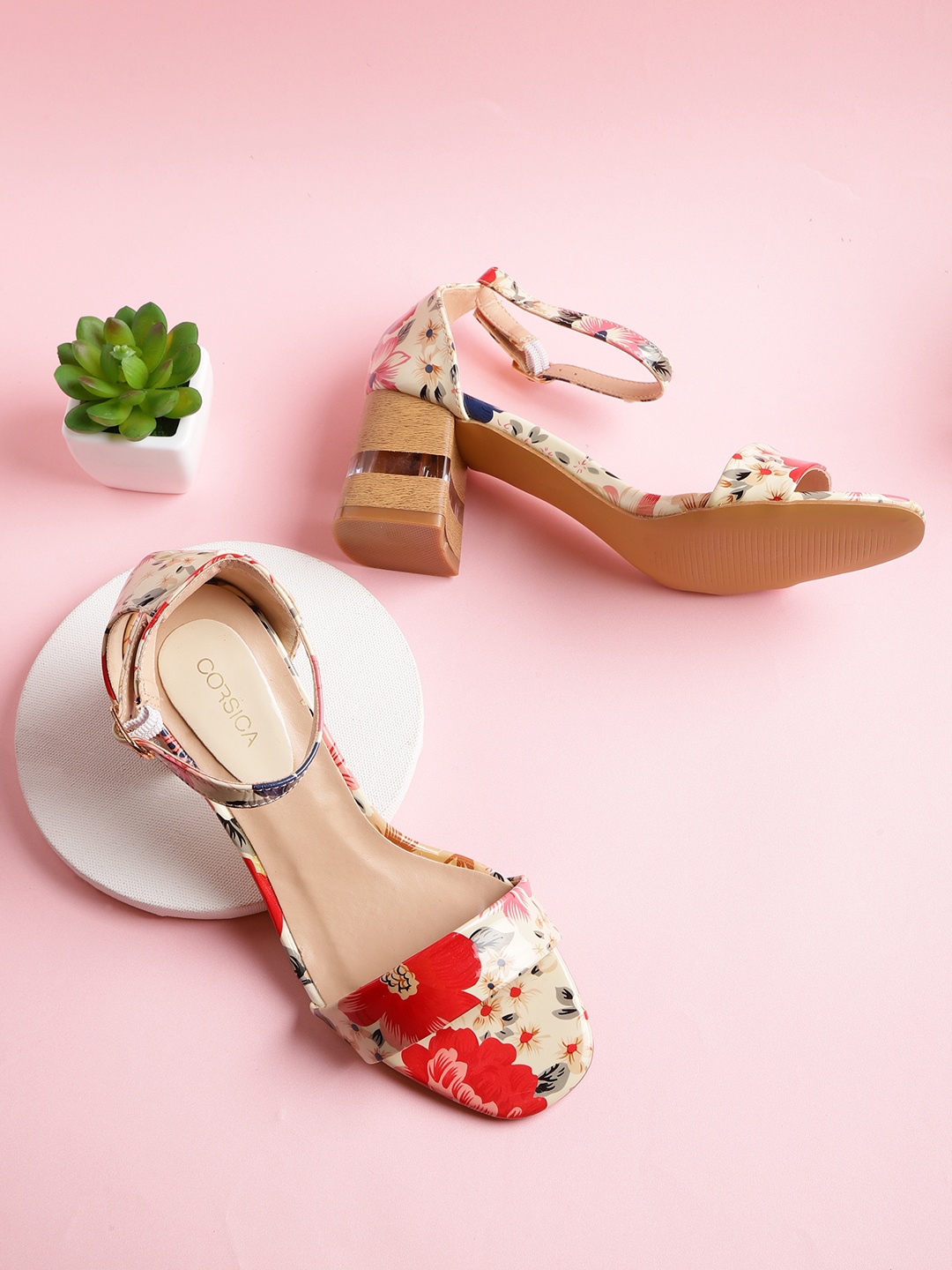

CORSICA Women Cream-Coloured & Red Floral Print Mid-Top Block Heels