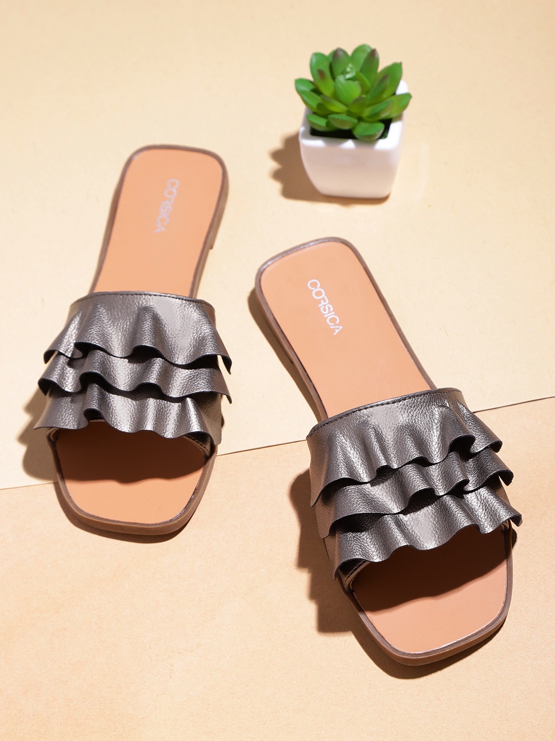 

CORSICA Women Gunmetal-Toned Solid Open Toe Flats with Ruffled Detail, Metallic