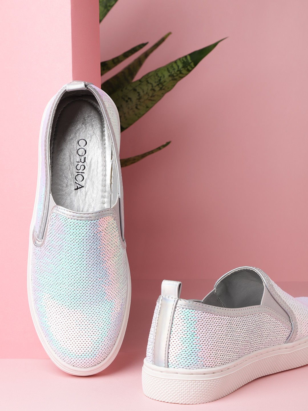 

CORSICA Women White Sequinned Slip-On Sneakers