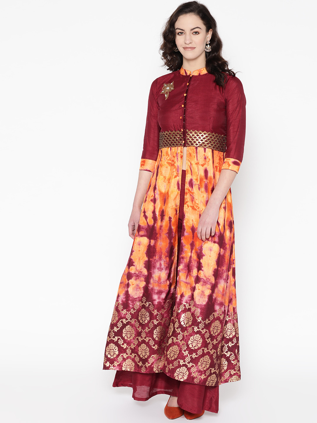 

Cottinfab Women Maroon & Yellow Dyed Kurta with Palazzos