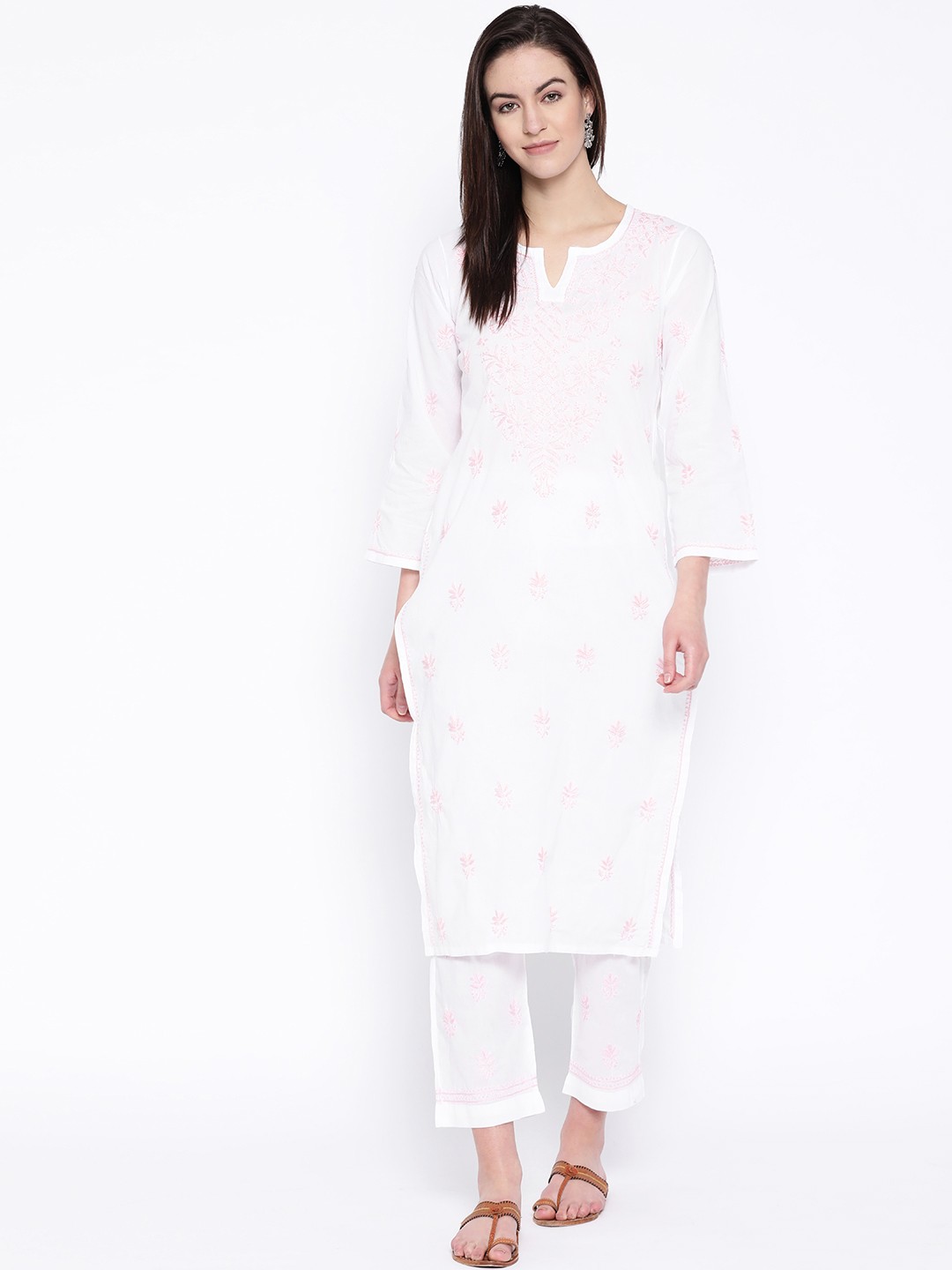 

ADA Women White & Pink Chikankari Embroidered Sustainable Handloom Kurta with Trousers