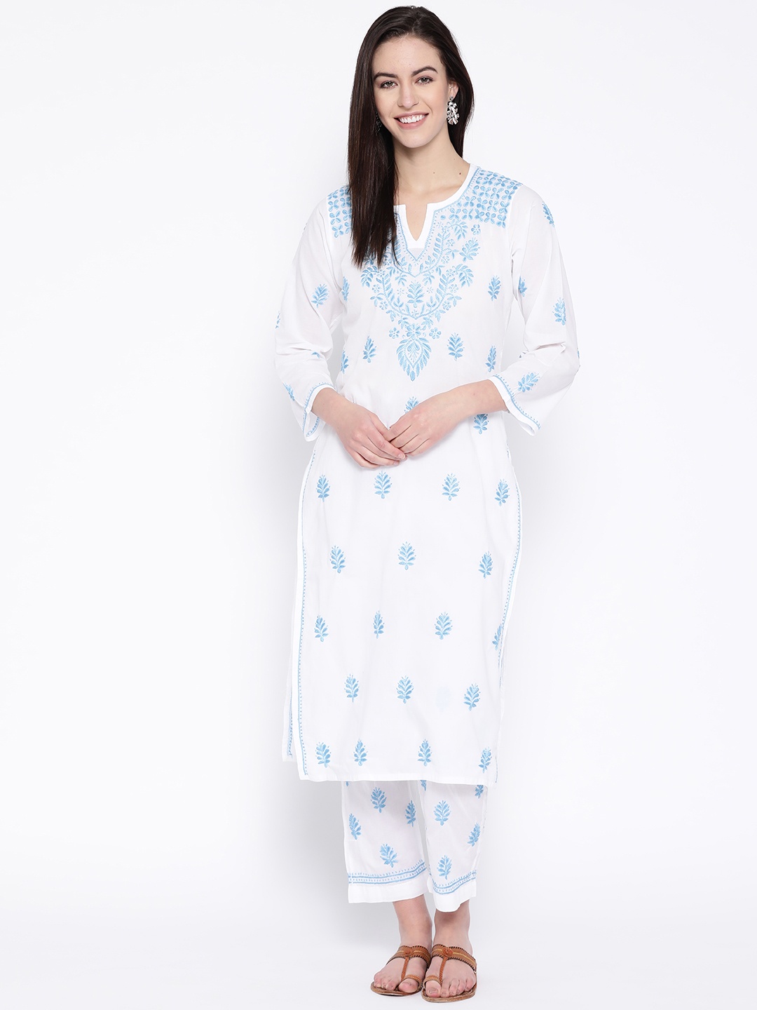 

ADA Women White & Blue Chikankari Embroidered Sustainable Handloom Kurta with Trousers