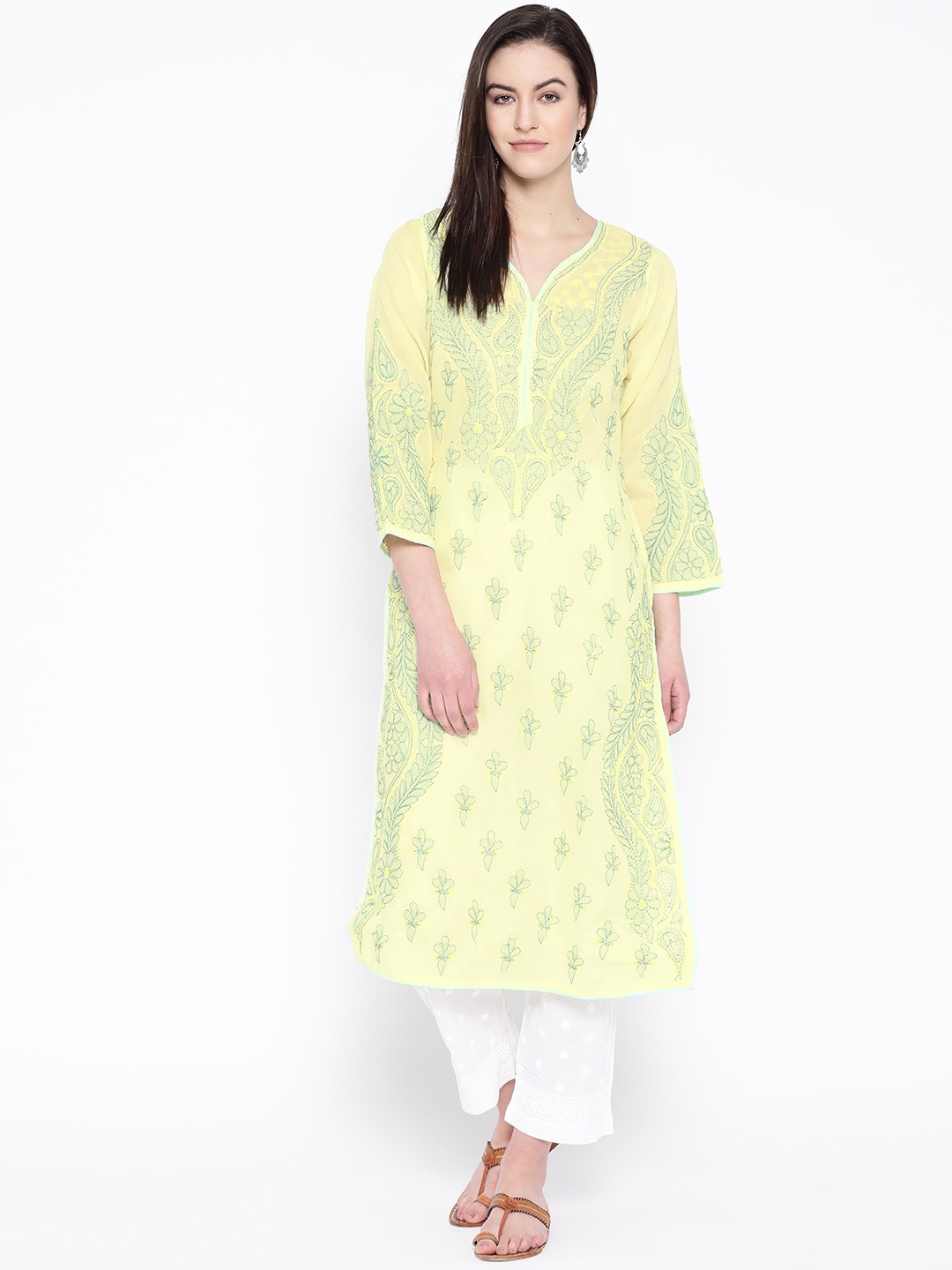 

ADA Women Yellow & Green Chikankari Embroidered Sustainable Handloom Kurta with Trousers