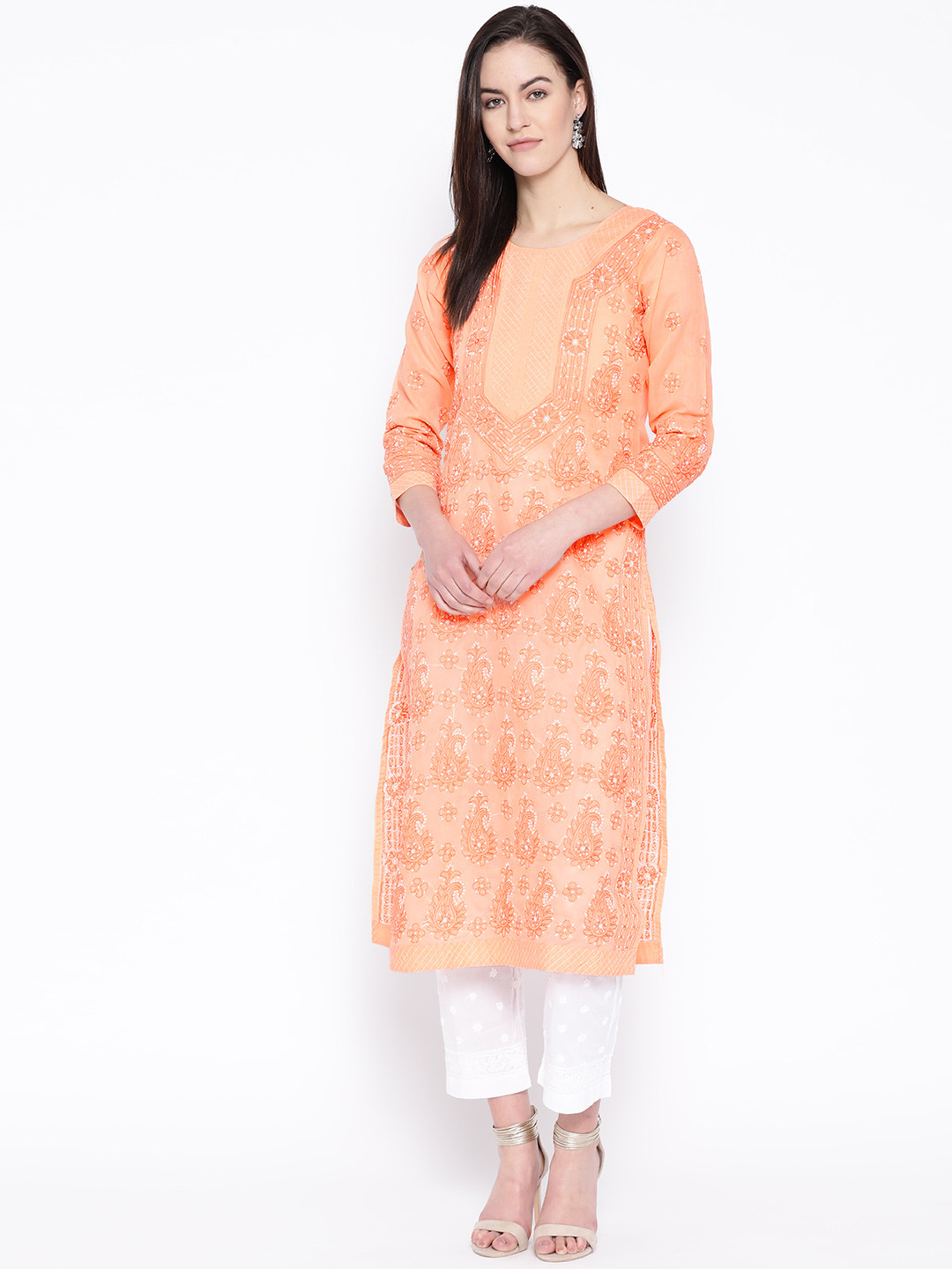 

ADA Women Peach-Coloured & White Chikankari Embroidered Sustainable Handloom Kurta with Trousers