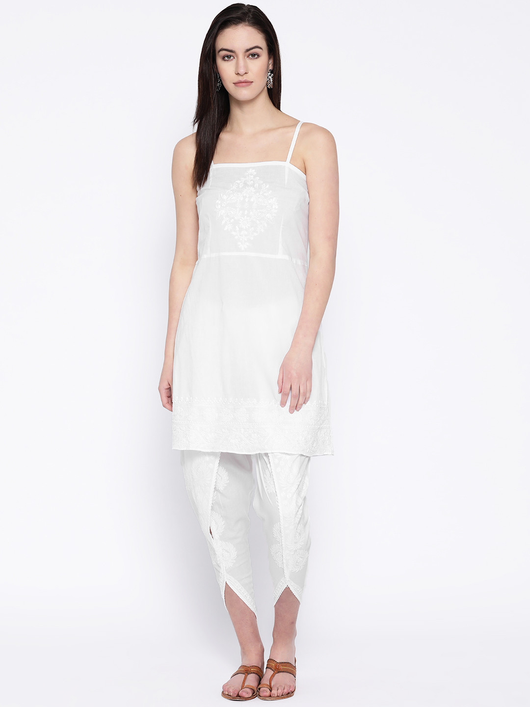 

ADA Women White Chikankari Yoke Design Kurti with Dhoti Pants