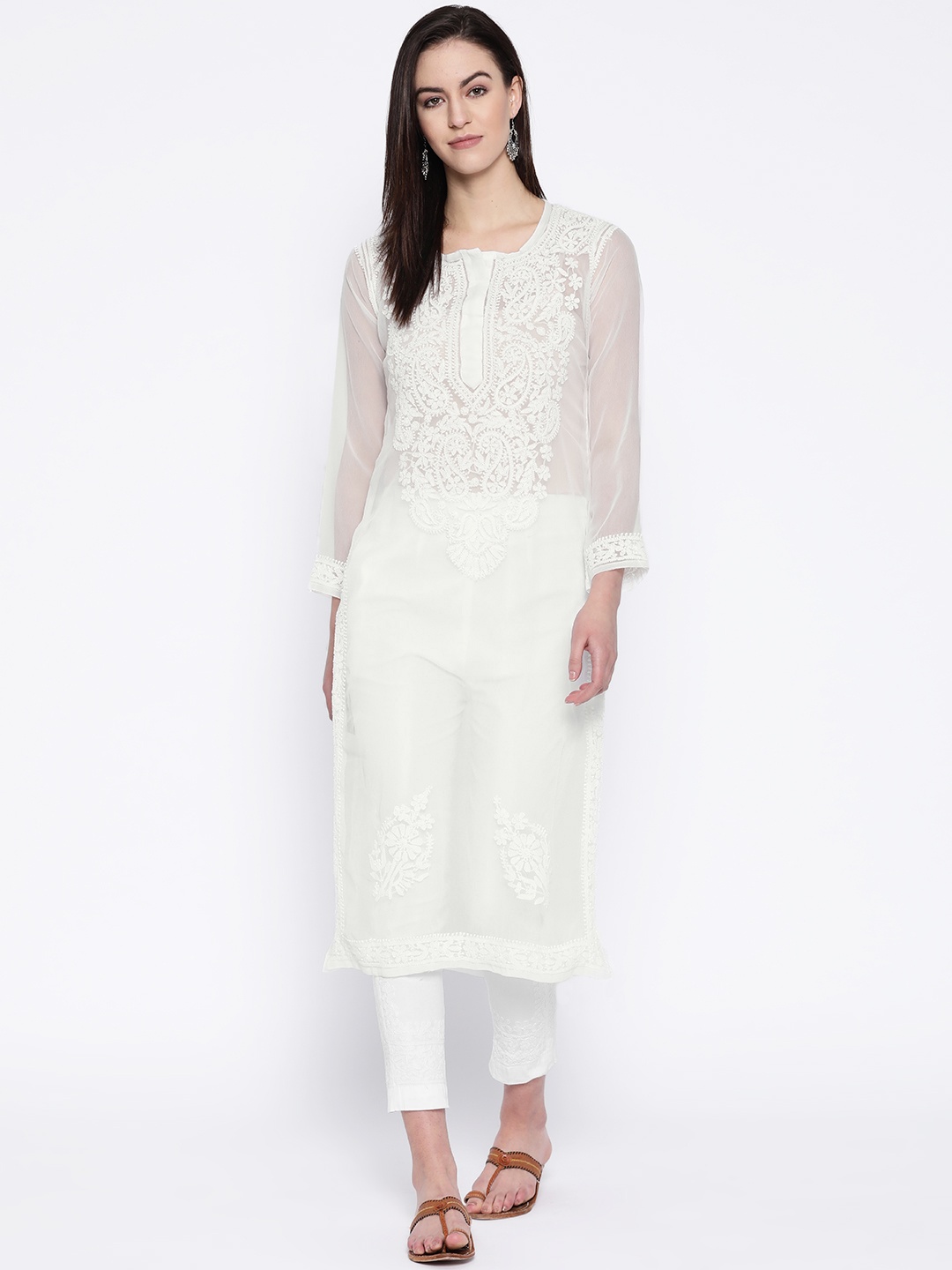 

ADA Women White Chikankari Yoke Design Sheer Sustainable Kurta with Trousers