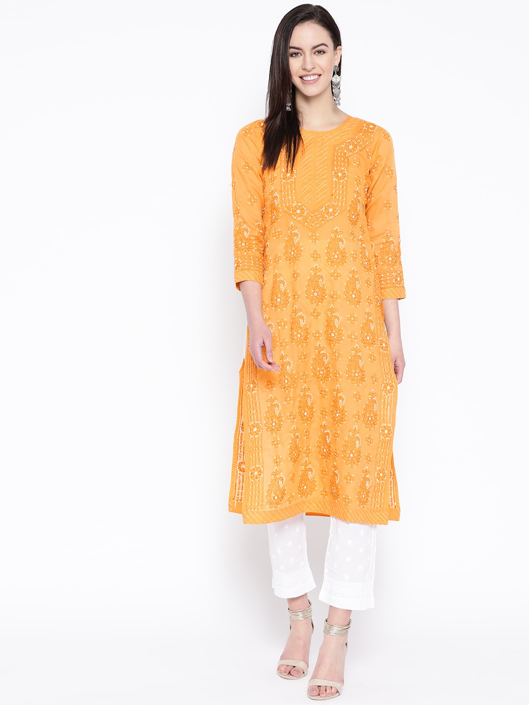 

ADA Women Mustard Yellow & White Chikankari Embroidered Sustainable Handloom Kurta with Trousers
