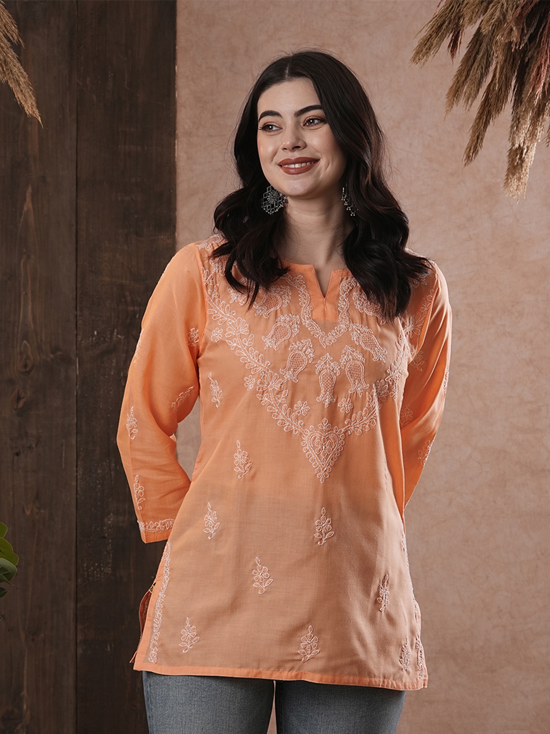 

ADA Women Peach-Coloured & White Chikankari Hand Embroidered Pure Cotton Semi-Sheer Straight Handloom Kurti