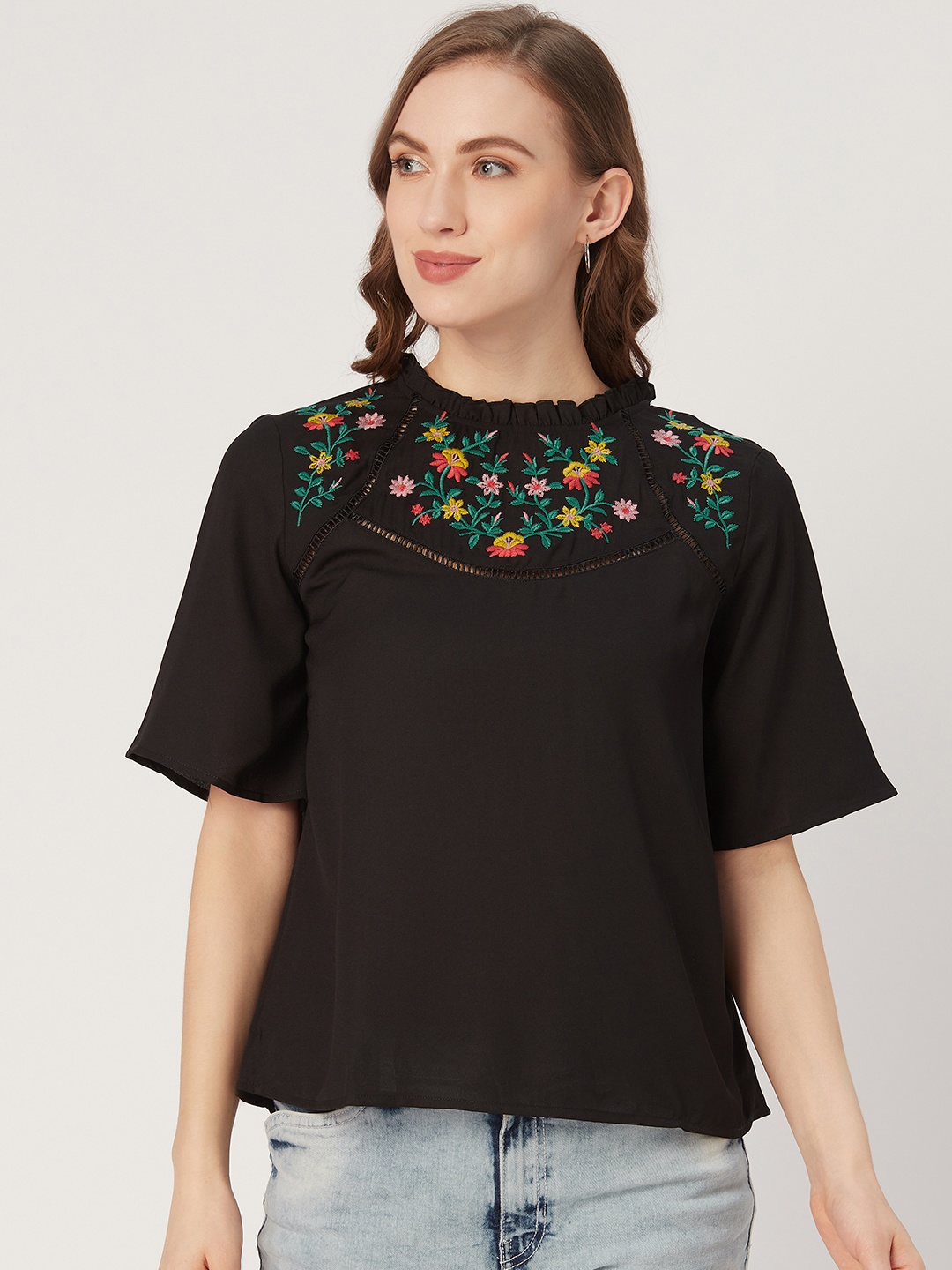 

Style Quotient Women Black Solid Boxy Top with Embroidered Detail
