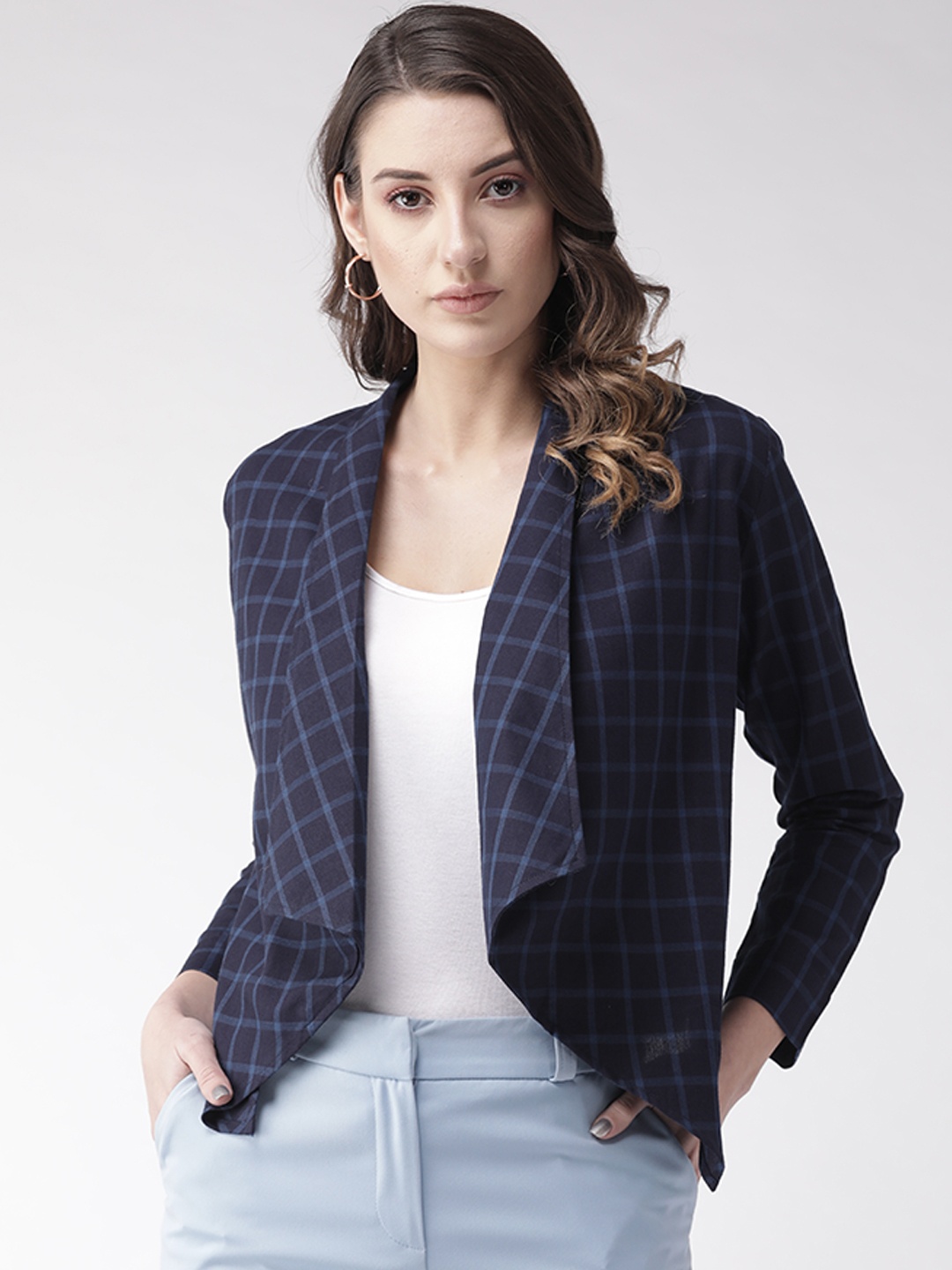 

Style Quotient Women Navy Blue Checked Open Front Shrug