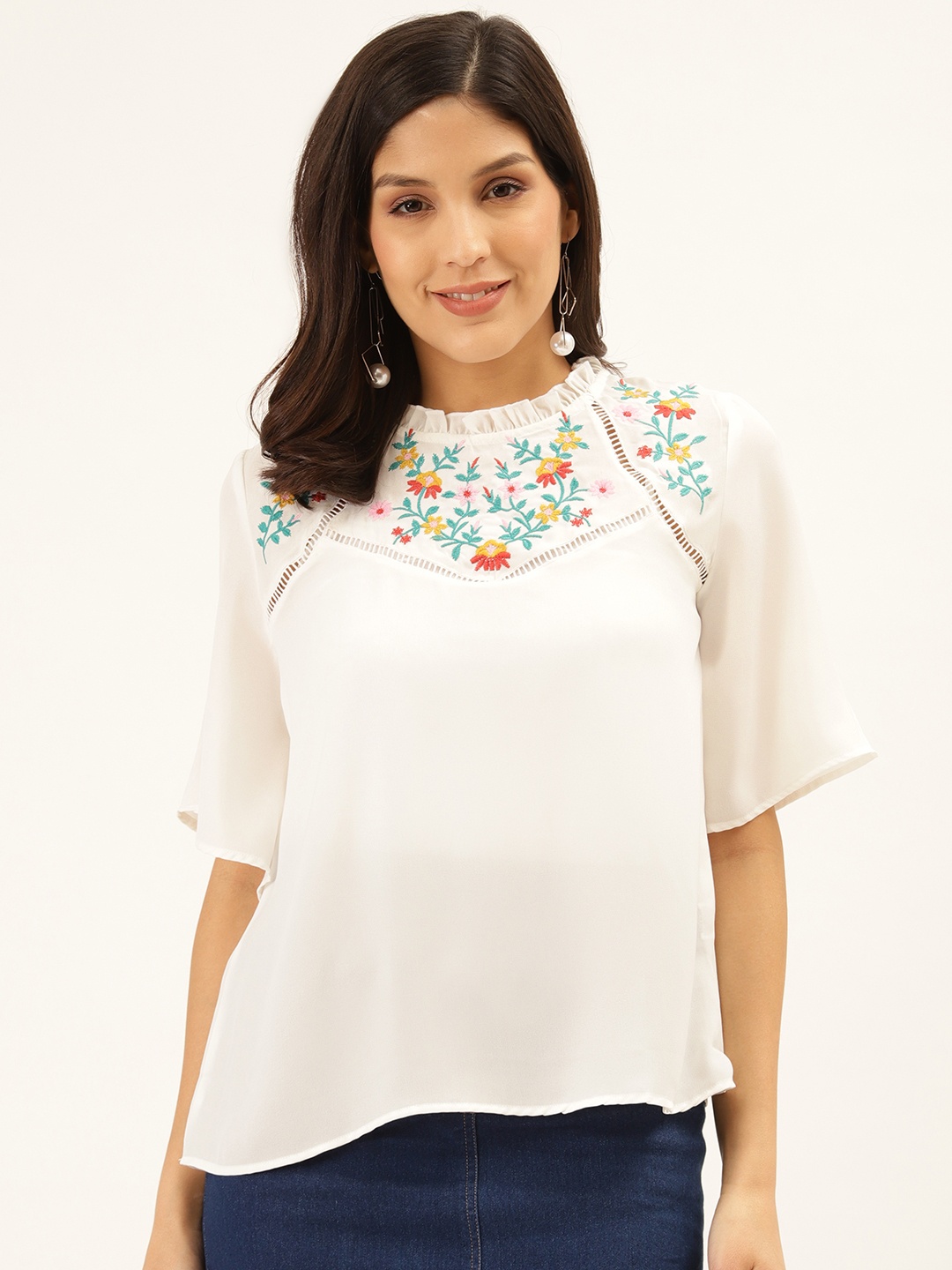 

Style Quotient Women White & Teal Blue Solid A-Line Top with Embroidered Detail