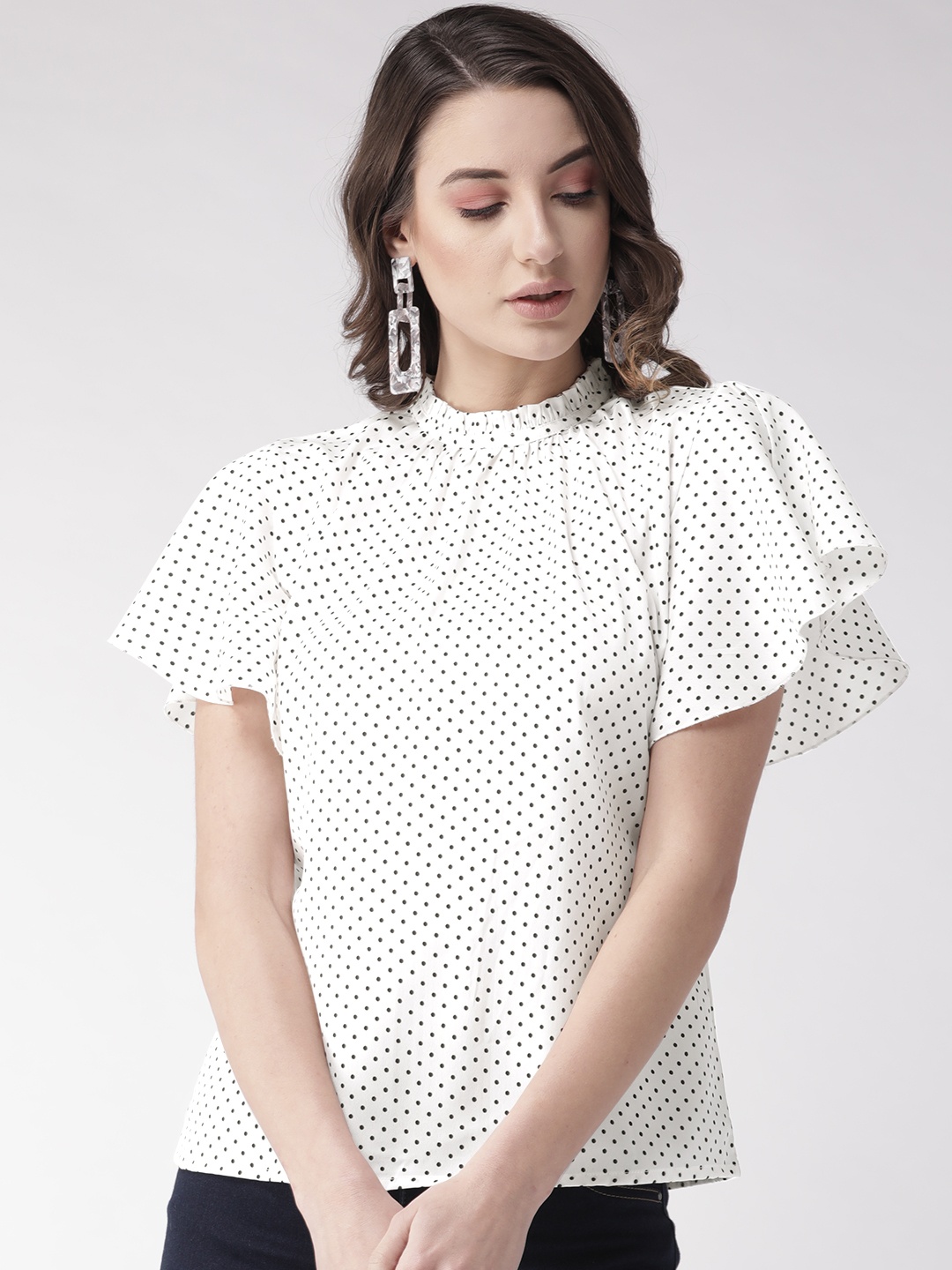 

Style Quotient Women White & Black Polka Dot Top