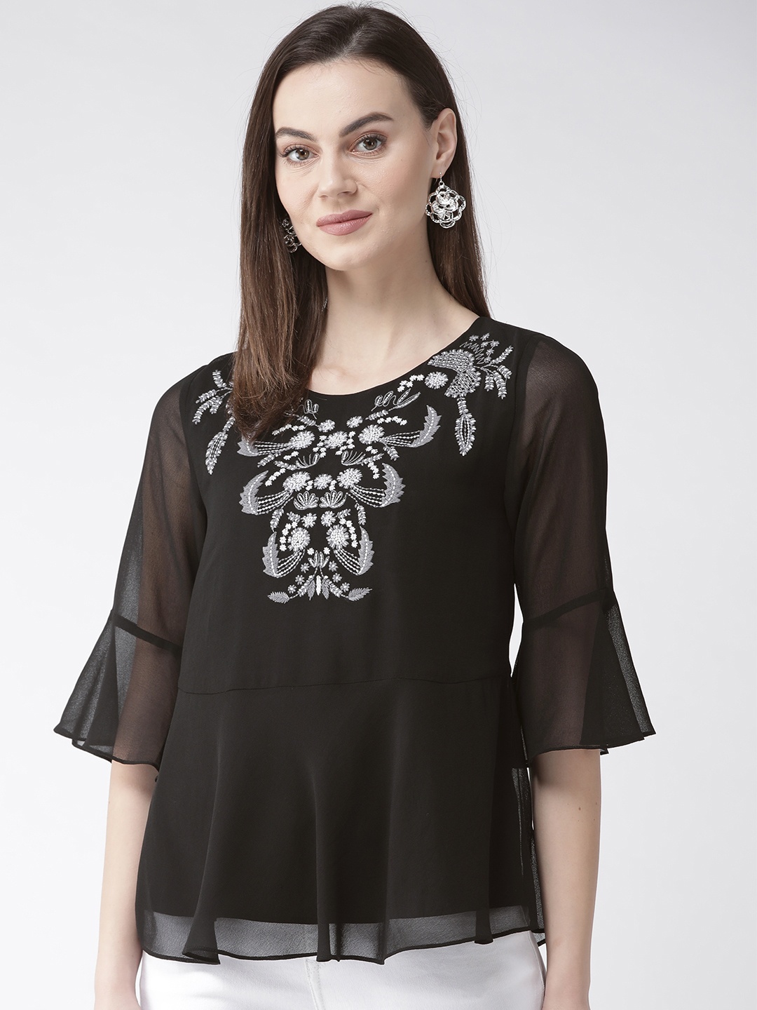 

Antheaa Women Black & Grey Embroidered A-Line Top