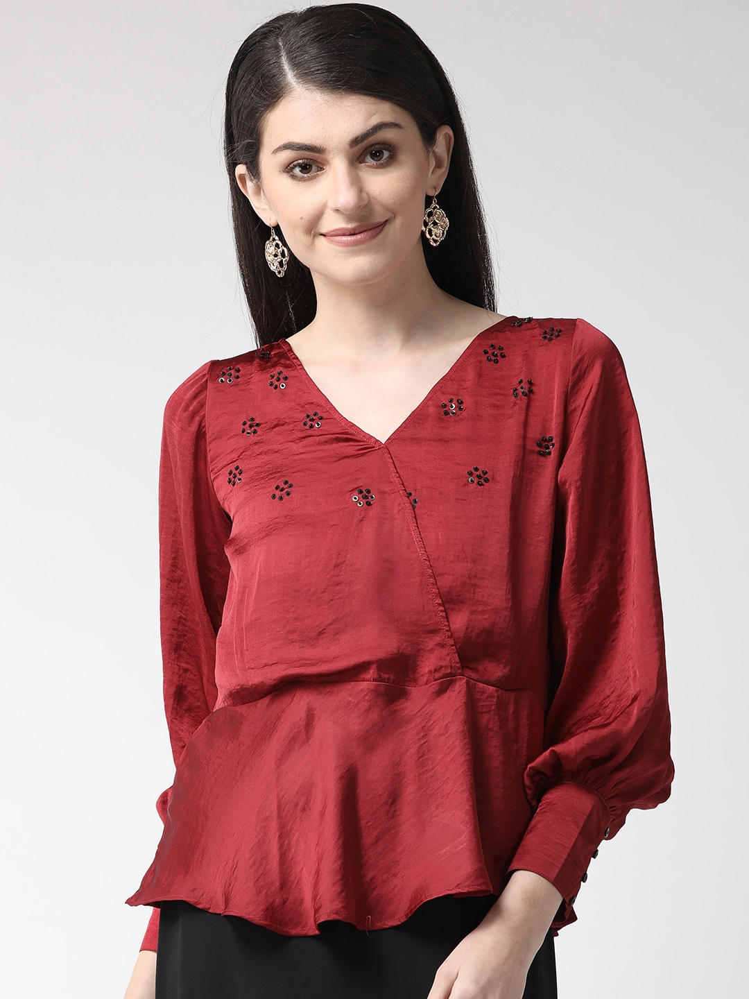 

Antheaa Women Maroon Embellished Detail Satin Finish Wrap Top