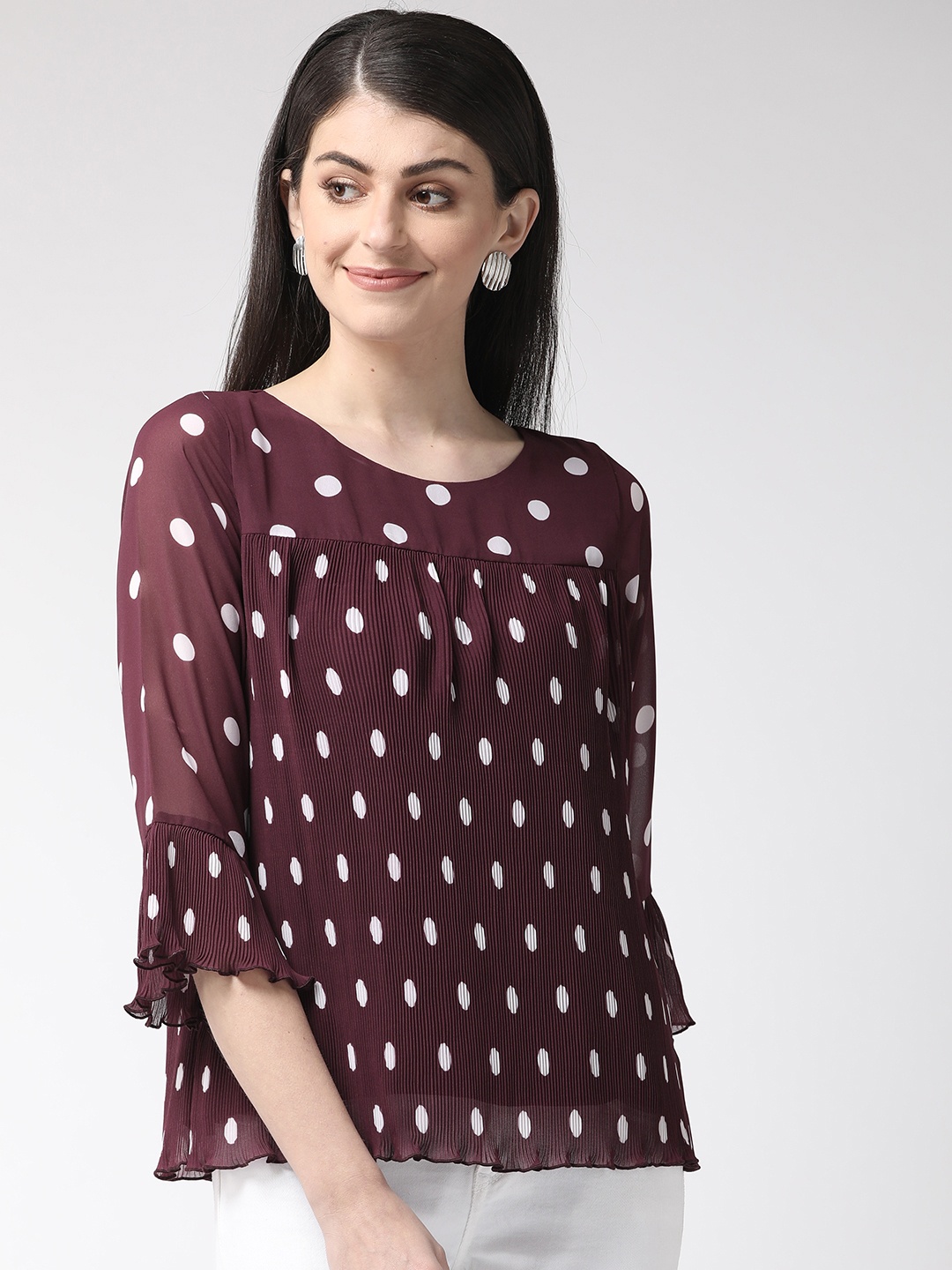 

Antheaa Women Burgundy & White Printed Accordian Pleated Top