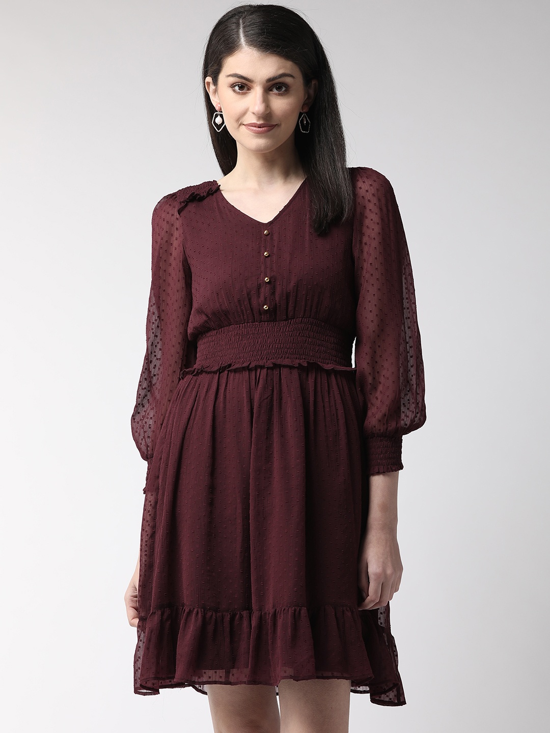 

Antheaa Women Burgundy Self Design A-Line Dress