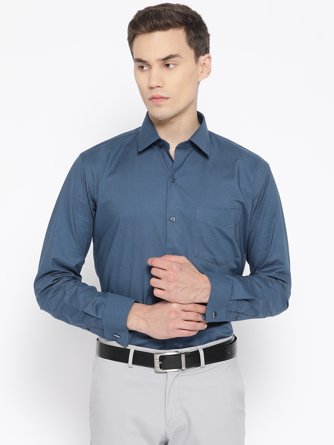 

Hancock Men Turquoise Blue Slim Fit French Cuff Formal Shirt, Teal