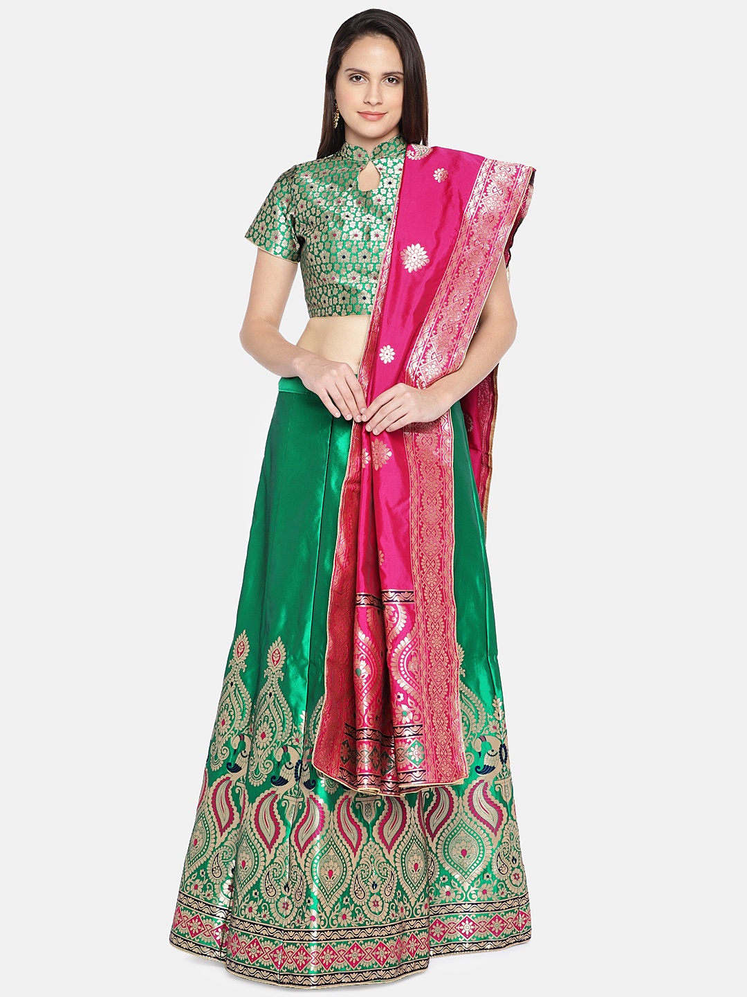 

flaher Green & Gold-Toned Woven Design Semi-Stitched Lehenga & Unstitched Blouse with Dupatta