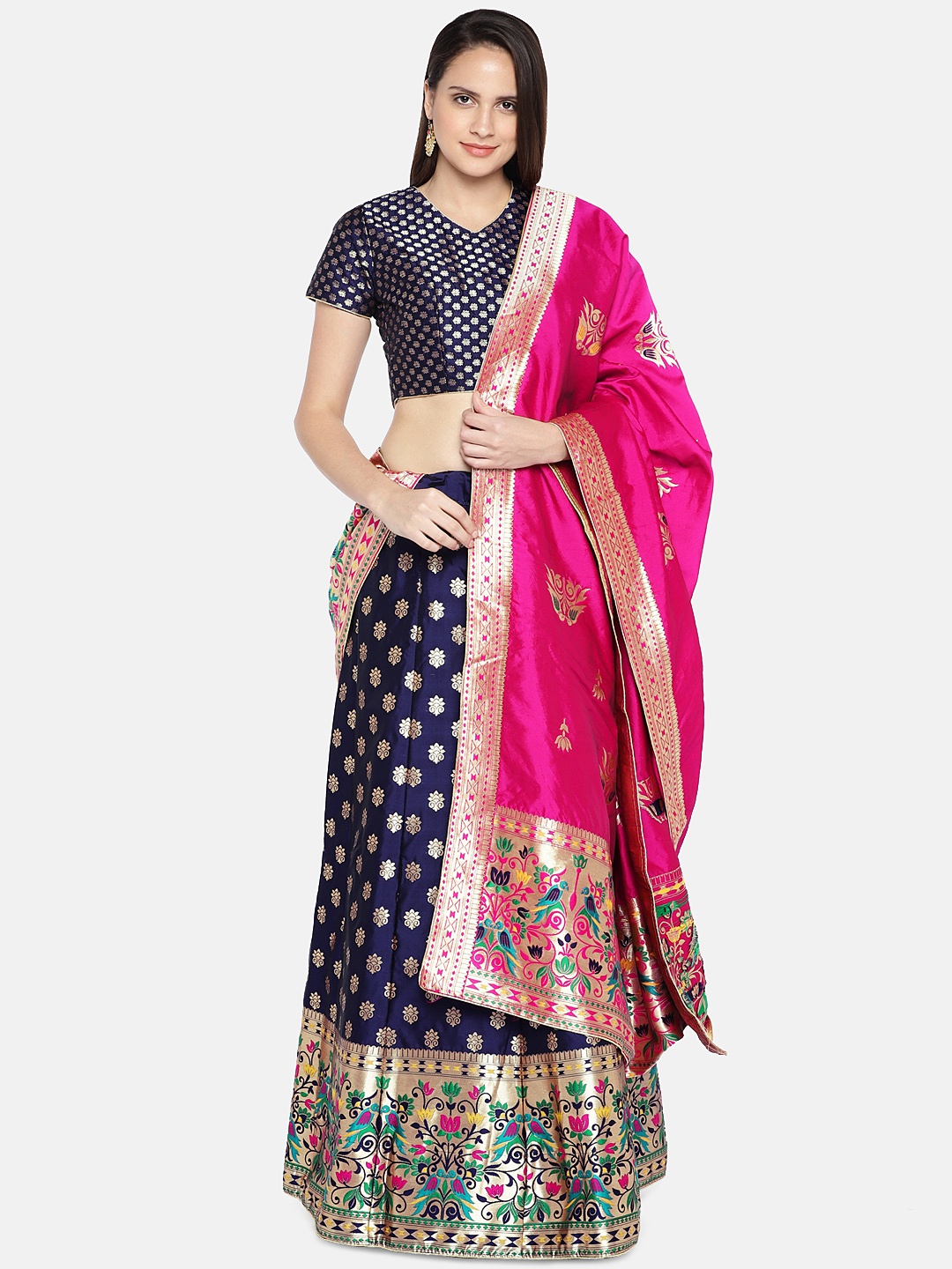 

flaher Navy Blue Semi-Stitched Lehenga & Blouse with Dupatta