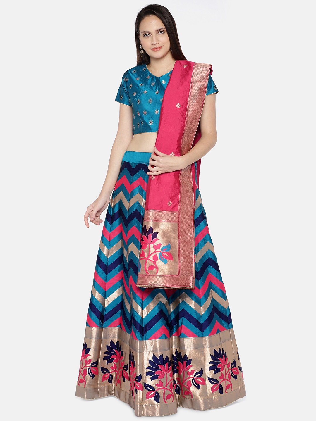 

flaher Blue & Pink Woven Design Semi-Stitched Lehenga & Unstitched Blouse with Dupatta