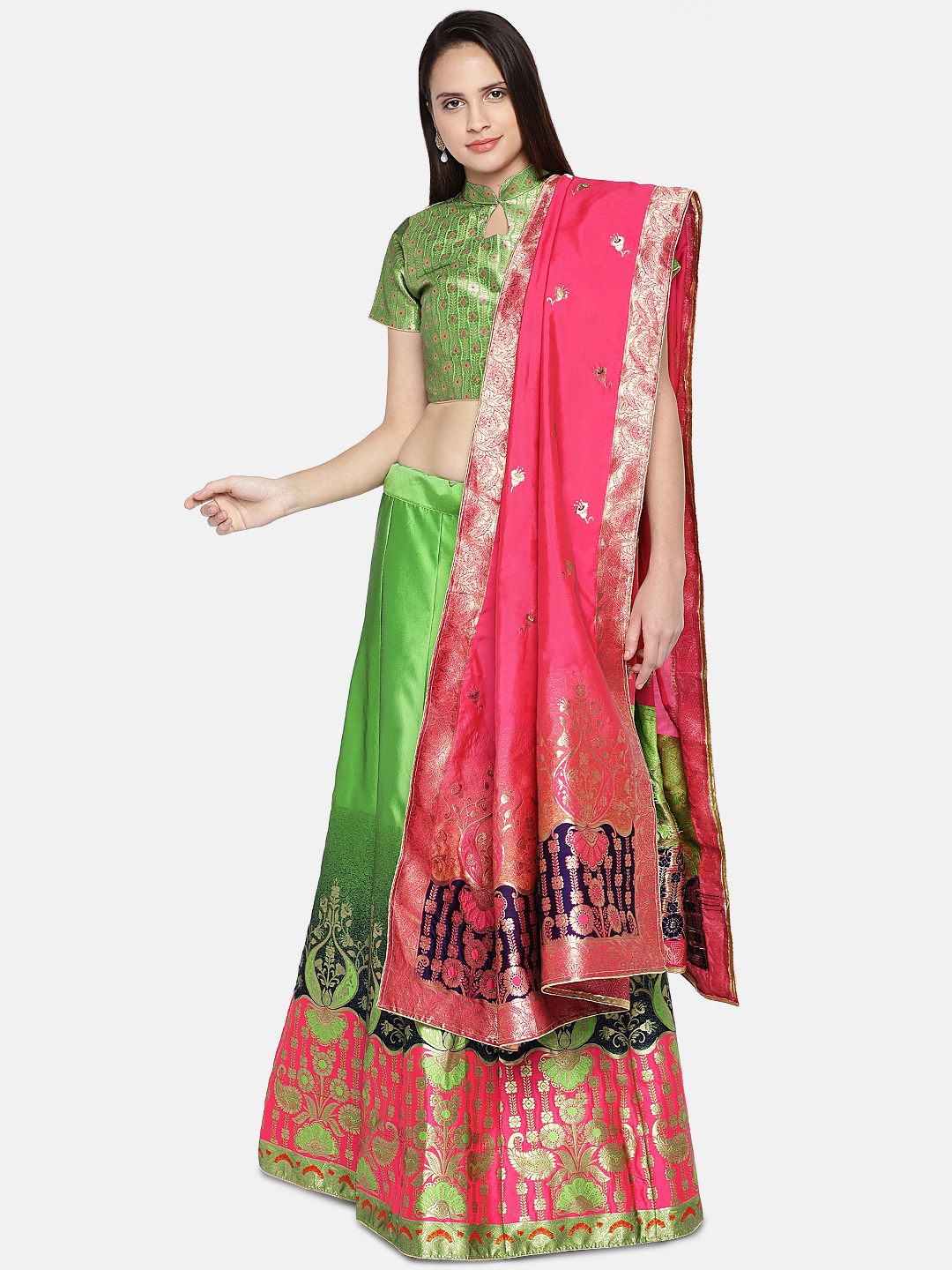 

flaher Green & Pink Woven Design Semi-Stitched Lehenga & Unstitched Blouse with Dupatta