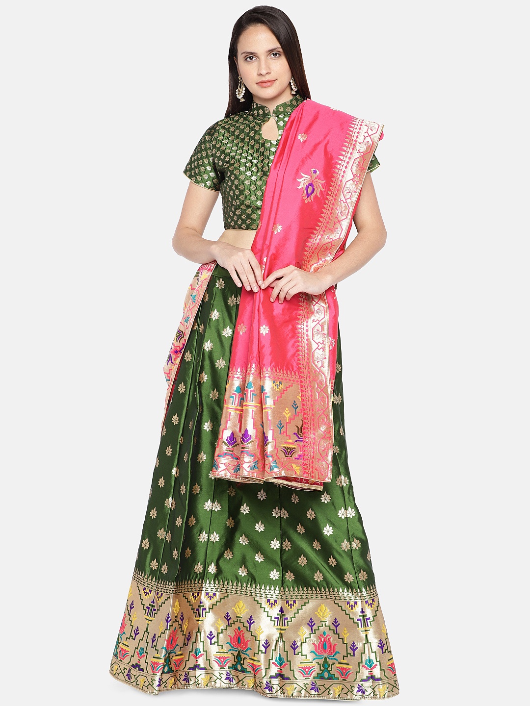 

flaher Green & Pink Woven Design Semi-Stitched Lehenga & Unstitched Blouse with Dupatta