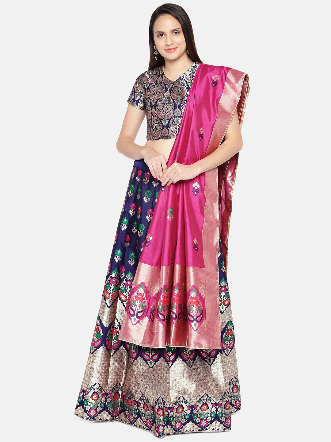 

flaher Navy Blue & Pink Woven Design Semi-Stitched Lehenga & Unstitched Blouse with Dupatta