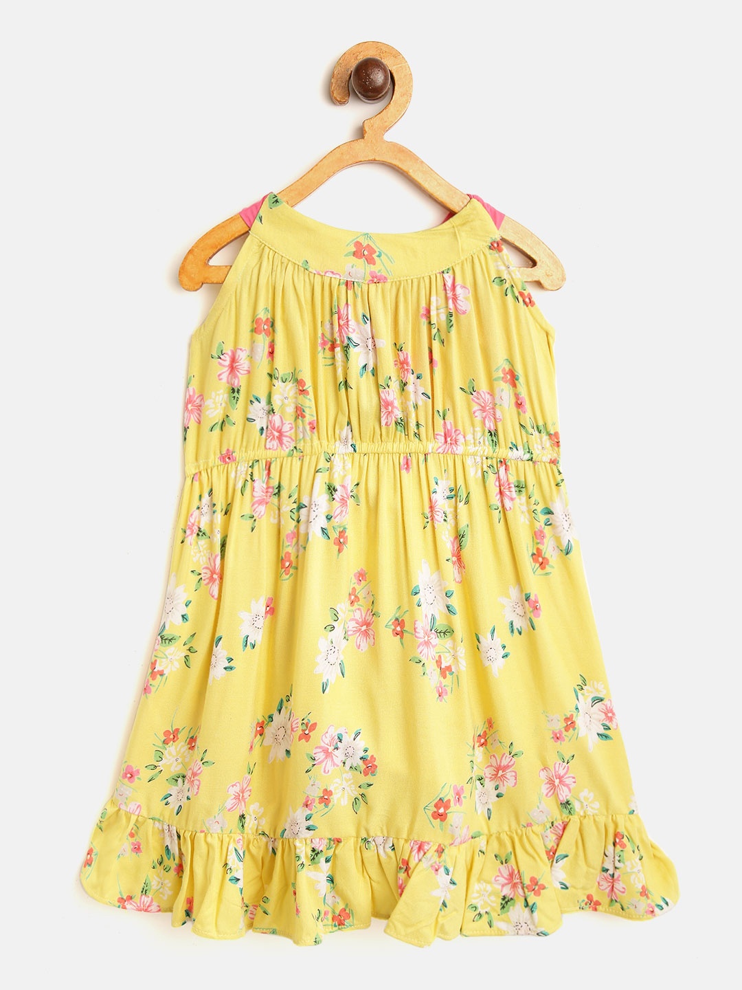 

pspeaches Girls Yellow & Pink Printed Halter Neck A-Line Dress
