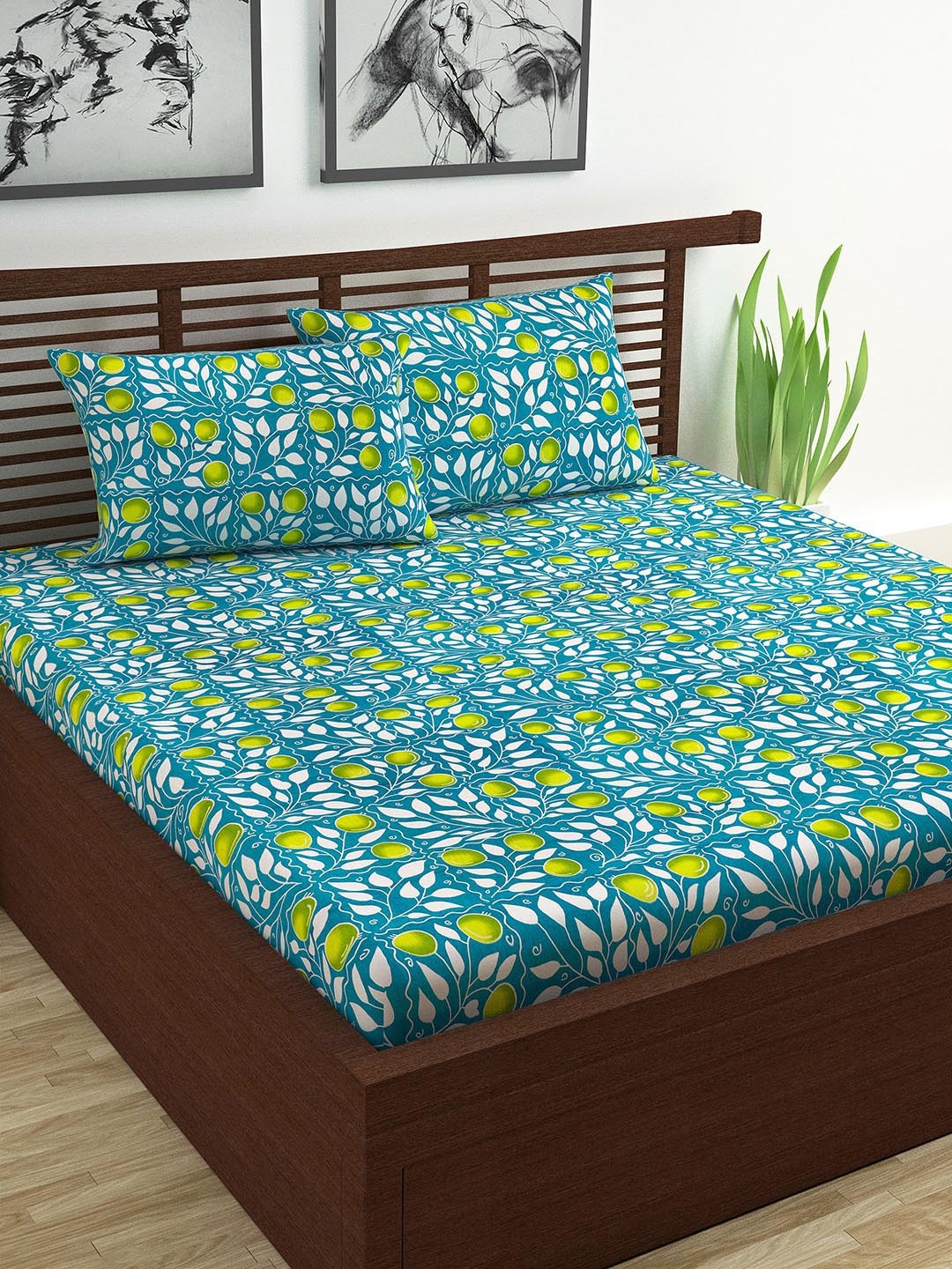 

Divine Casa Turquoise Blue Floral 144 TC 100% Cotton Double Bedsheet With 2 Pillow Covers