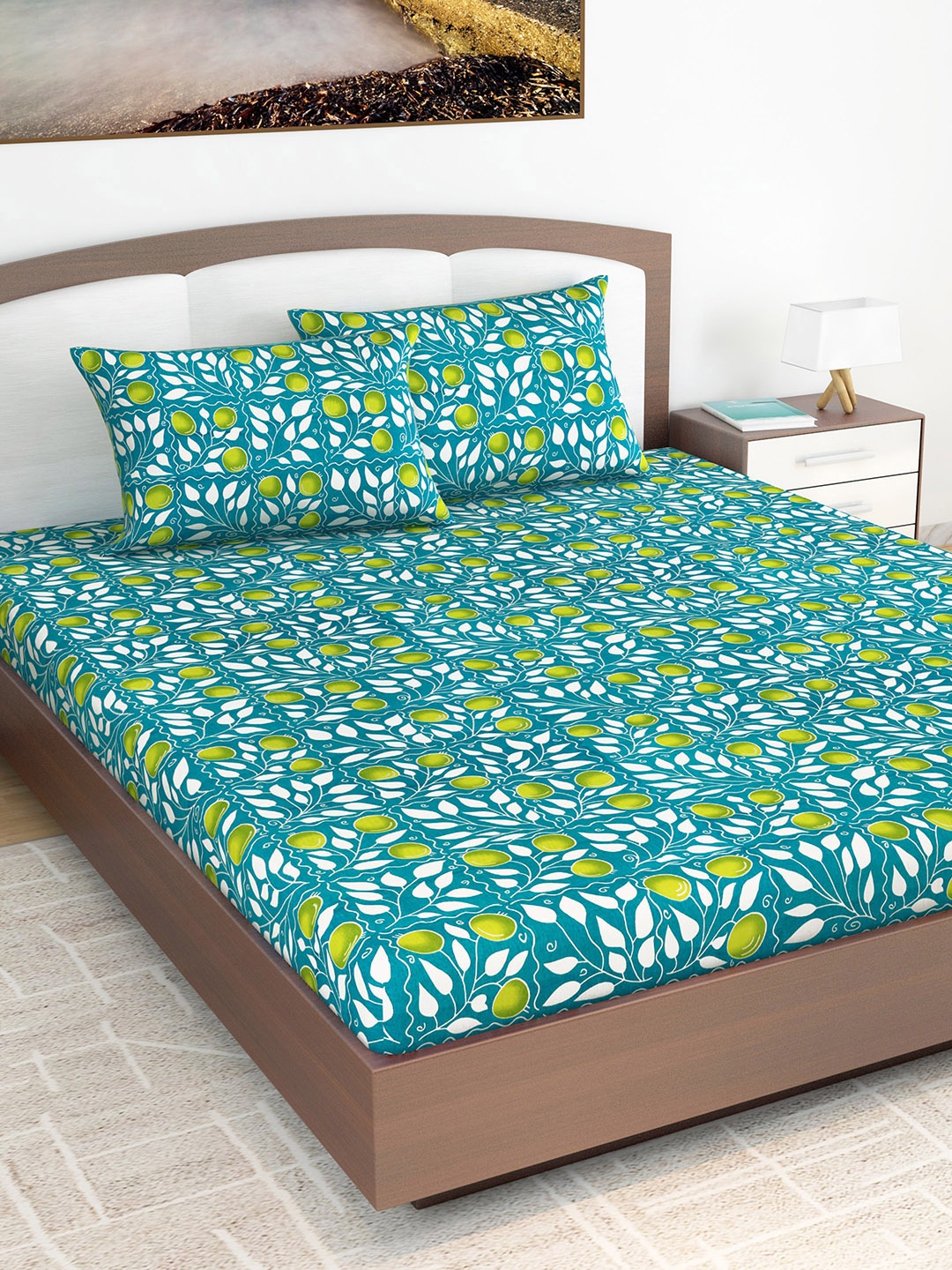 

Divine Casa Floral Printed 144 TC Pure Cotton King Bedsheet With 2 Pillow Covers, Turquoise blue