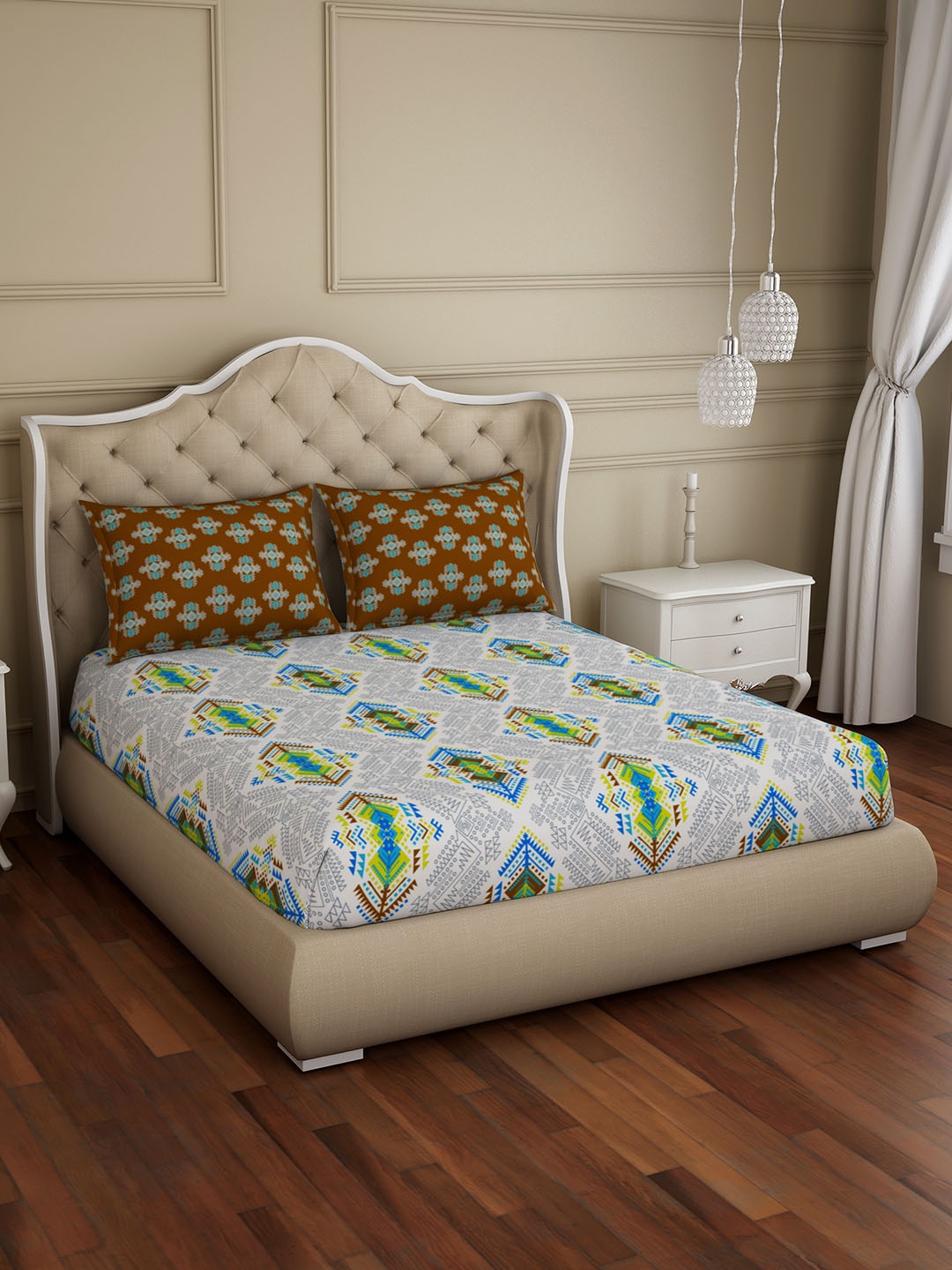 

CORE Designed by SPACES Blue & Grey Abstract 104 TC Cotton 1 Queen Bedsheet with 2 Pillow Covers
