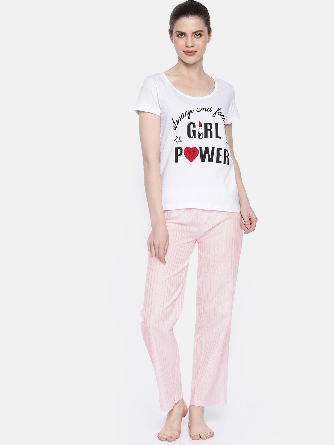 

Slumber Jill Women White & Pink Printed Night suit