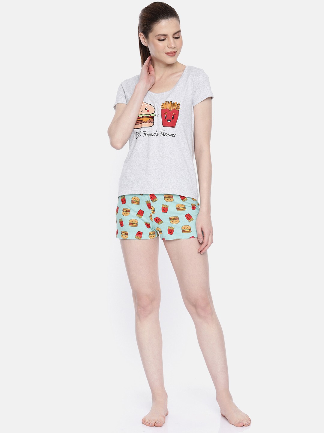 

Slumber Jill Women Grey & Sea Green Printed Night suit