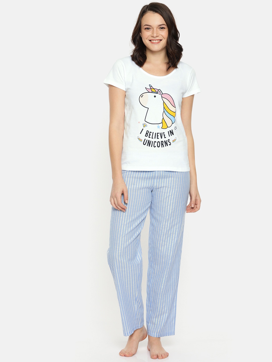

Slumber Jill Women White & Blue Printed Night suit